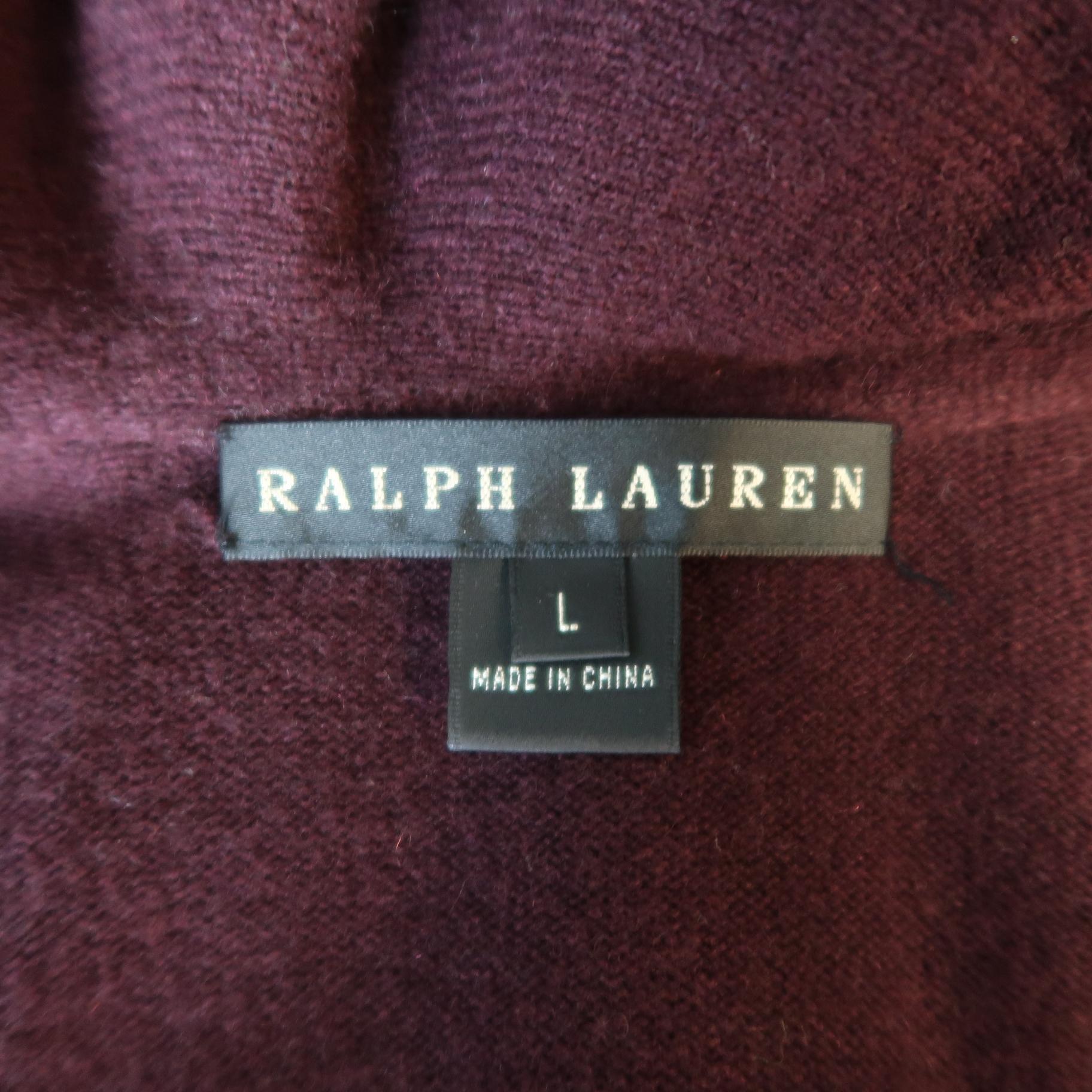 Women's RALPH LAUREN Size L Burgundy Cashmere Ruffled Collar Open Long Cardigan Sweater