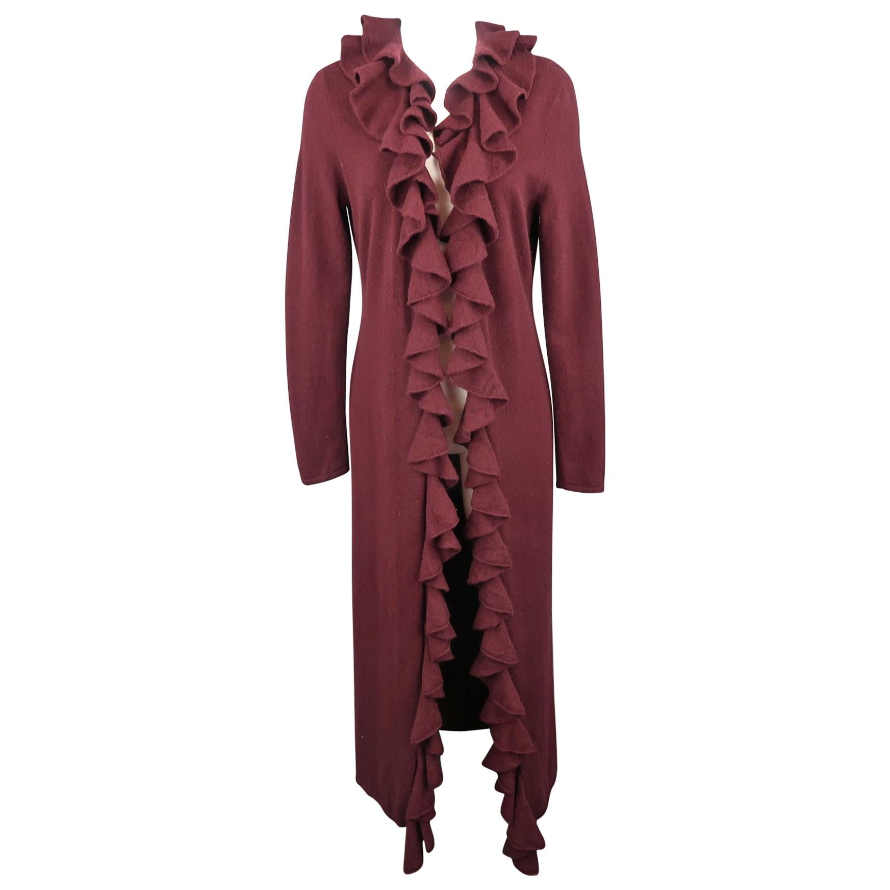 RALPH LAUREN Size L Burgundy Cashmere Ruffled Collar Open Long Cardigan Sweater