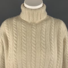 RALPH LAUREN Size L Cream Cashmere Cableknit Rolled Turtleneck Sweater