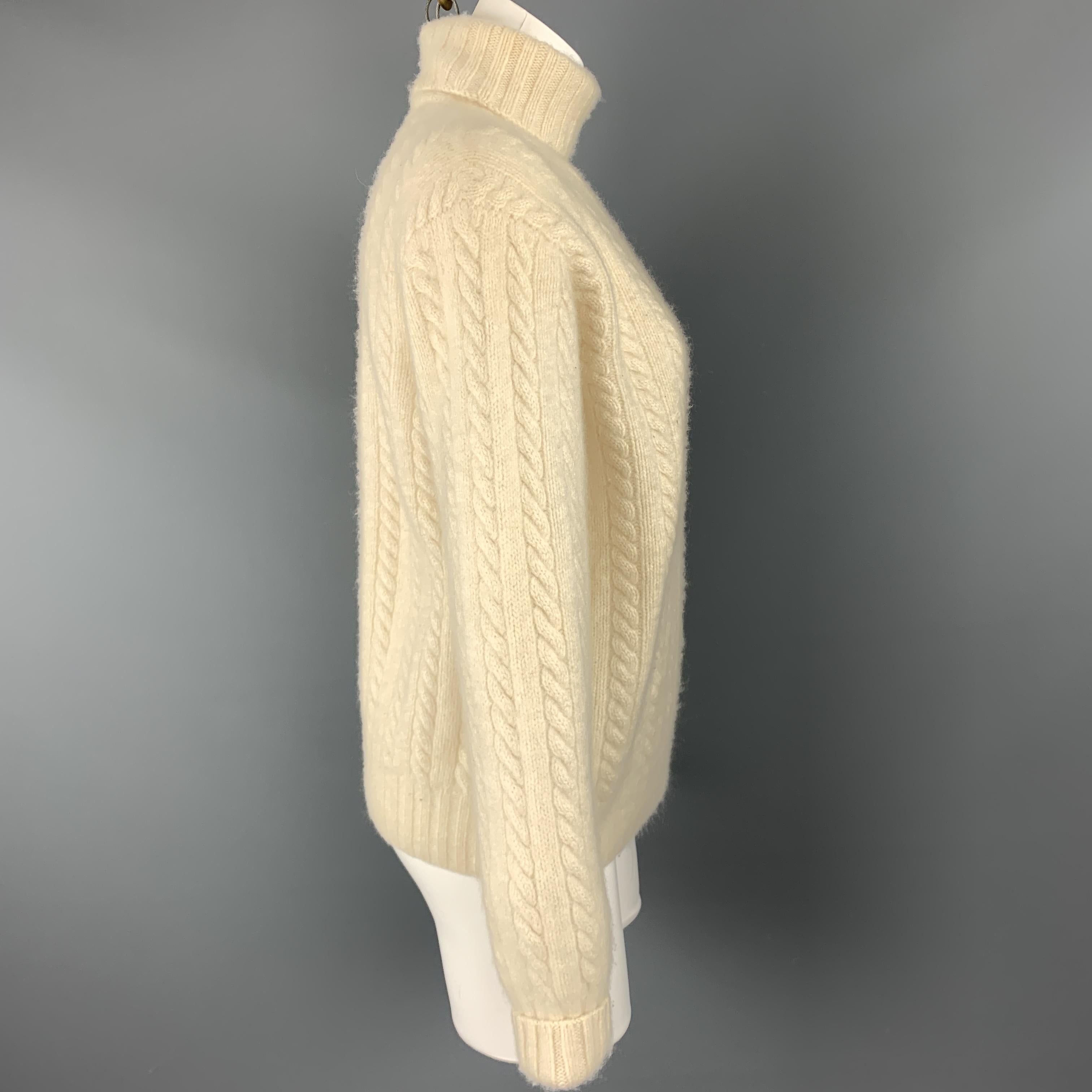 Beige RALPH LAUREN Size L Cream Cashmere Cableknit Rolled Turtleneck Sweater