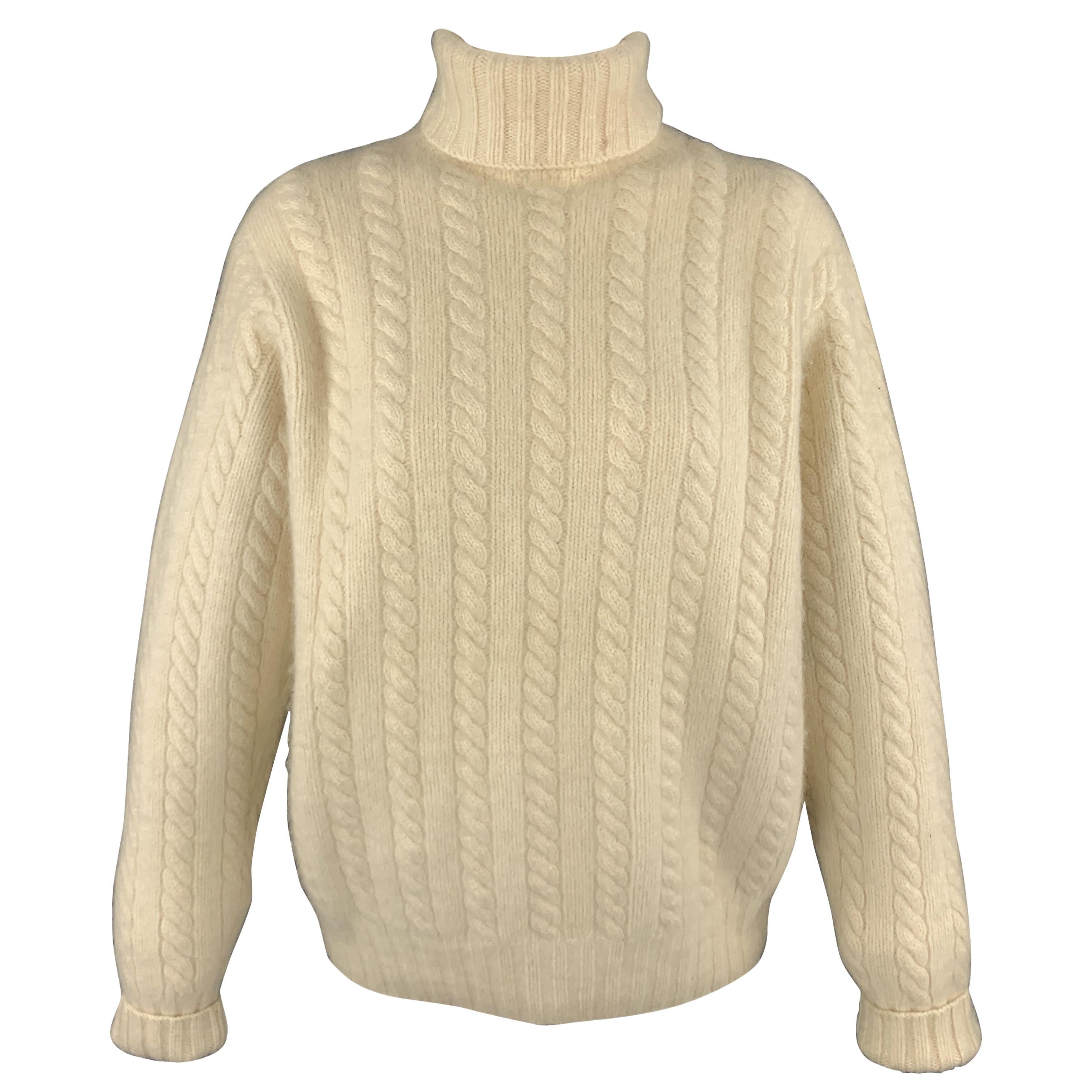 RALPH LAUREN Size L Cream Cashmere Cableknit Rolled Turtleneck Sweater