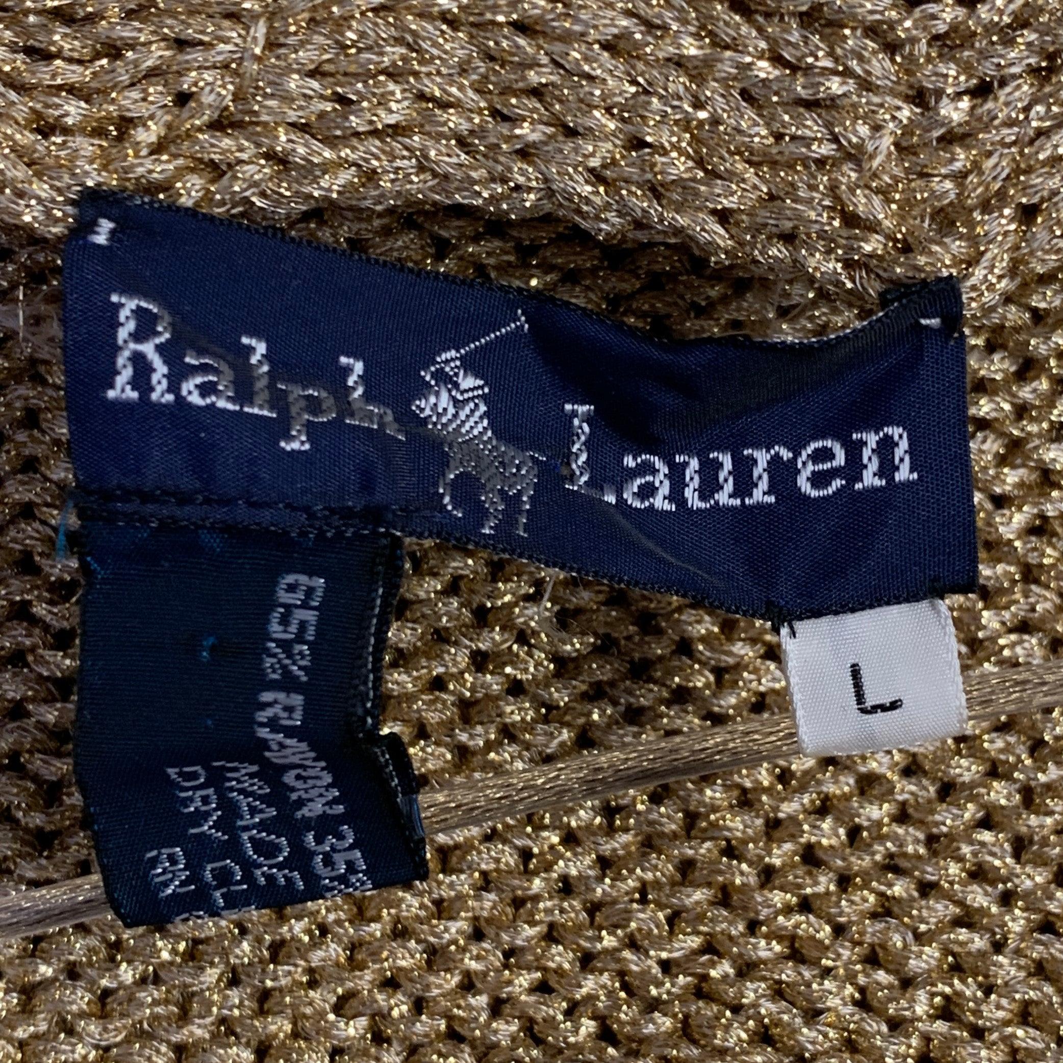 RALPH LAUREN Size L Gold Metallic Knit Belted Cardigan en vente 1