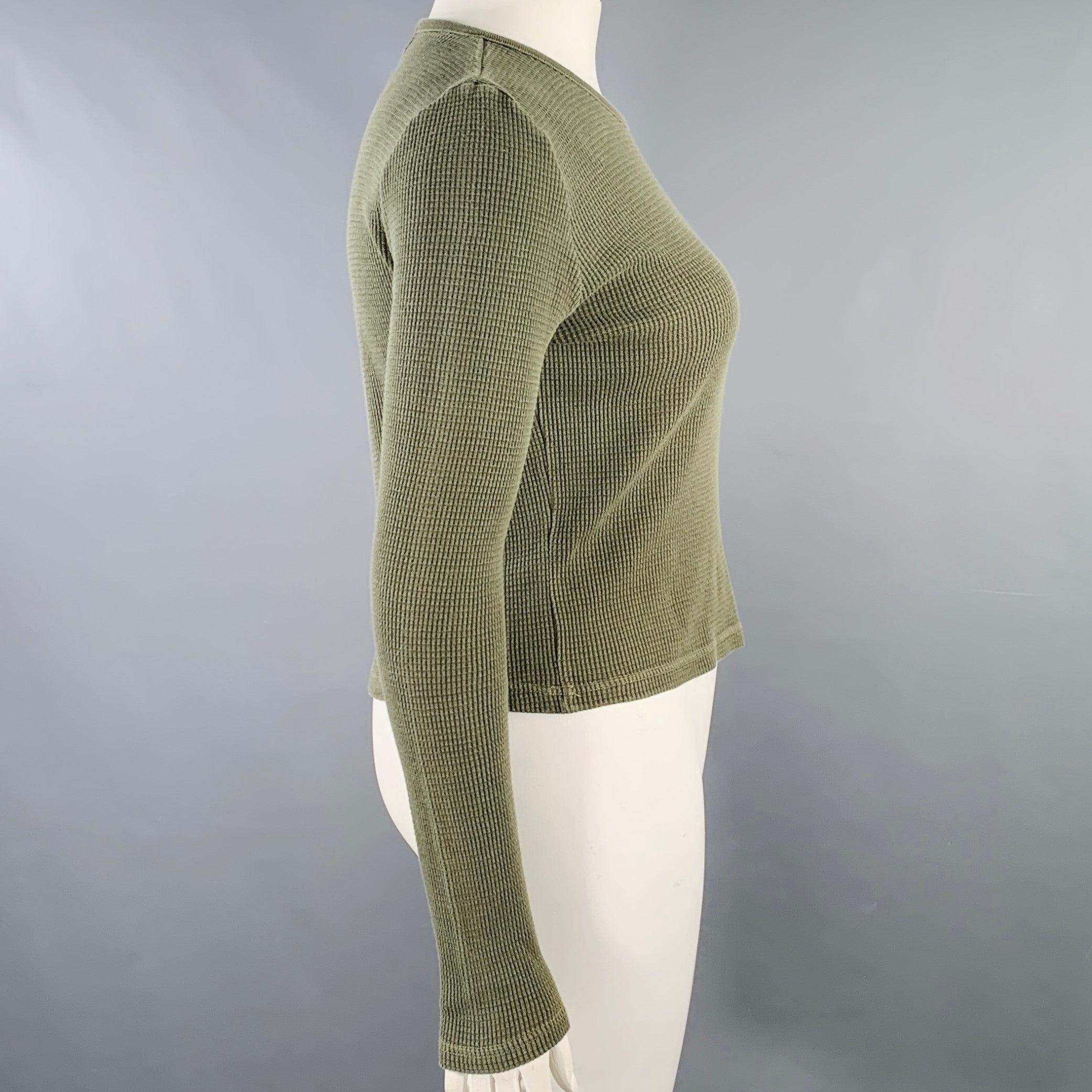 RALPH LAUREN BLUE LABEL pullover
in an olive green cotton knit featuring a waffle knit pattern, long sleeves, and crew neck. Made in Korea.Excellent Pre-Owned Condition. 

Marked:   L 

Measurements: 
 
Shoulder: 15.5 inches Bust: 38 inches Sleeve: