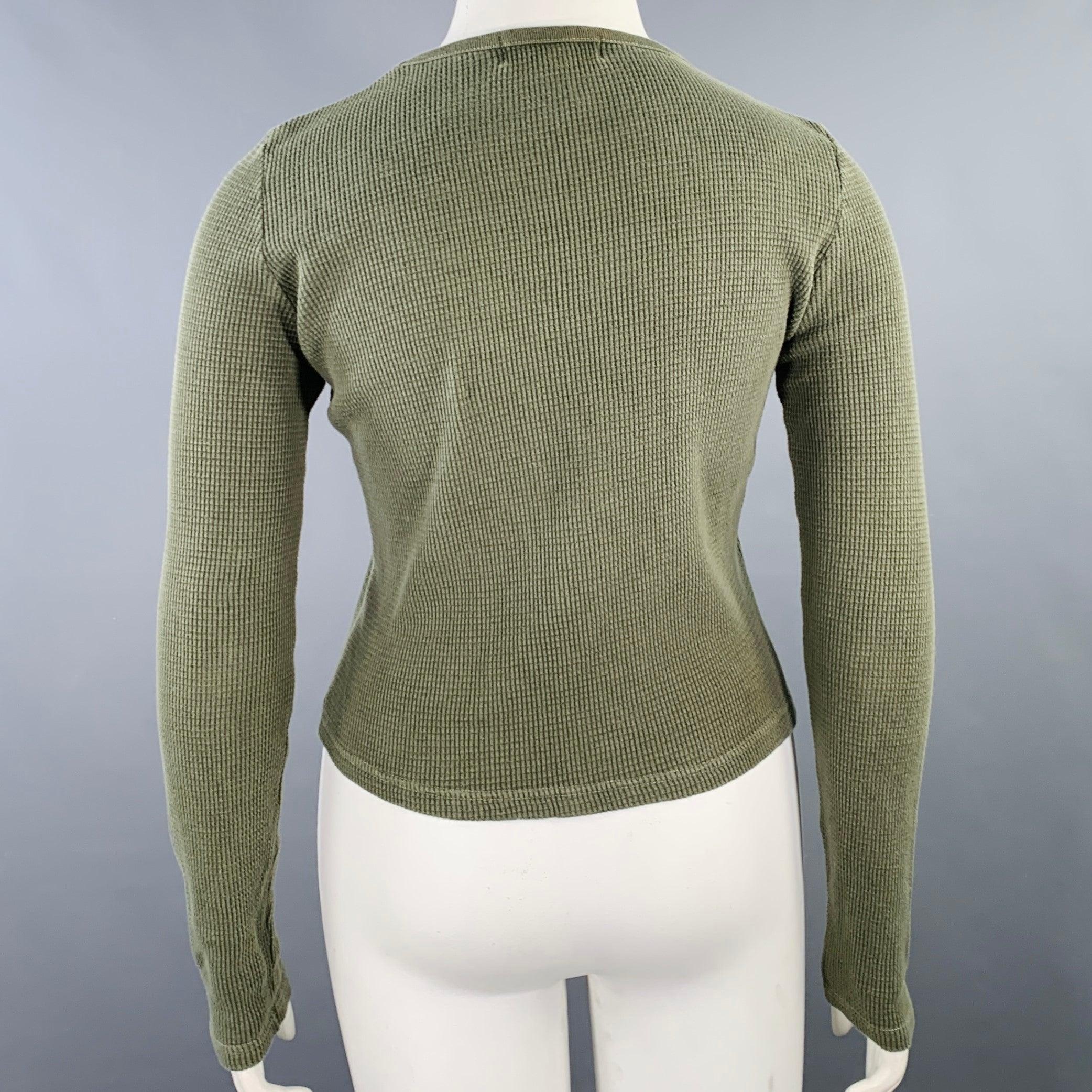 Gray RALPH LAUREN Size L Green Olive Cotton Waffle Knit Crew Neck Pullover For Sale