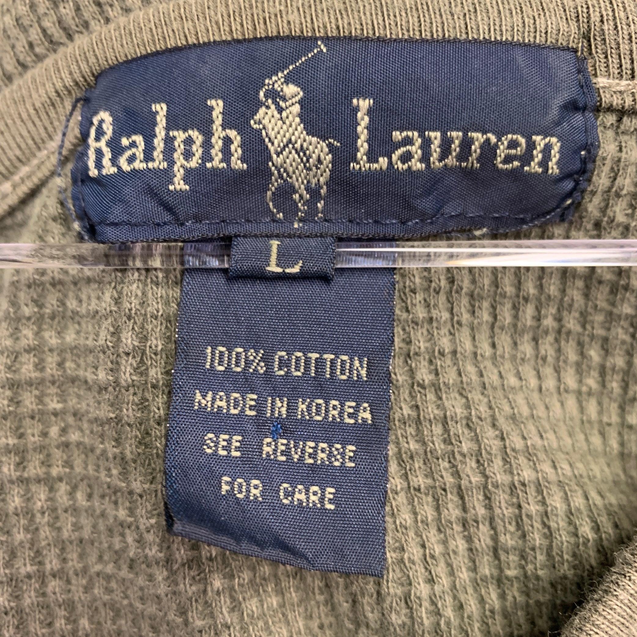 RALPH LAUREN Size L Green Olive Cotton Waffle Knit Crew Neck Pullover In Excellent Condition For Sale In San Francisco, CA