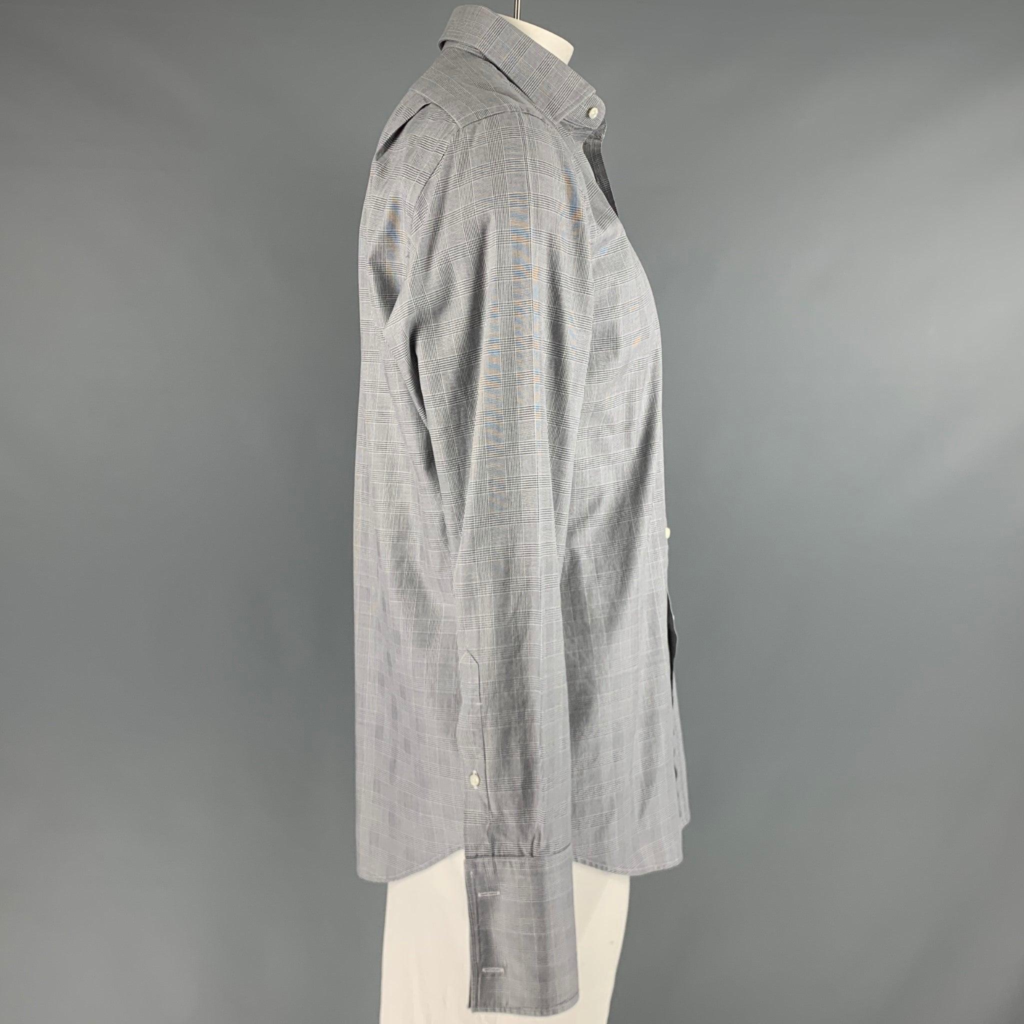 RALPH LAUREN BLACK LABEL long sleeve shirt
in a grey cotton weave featuring plaid pattern, French cuffs, and button closure. Cufflinks not included. Made in Italy.Very Good Pre-Owned Condition. Minor marks. 

Marked:   16.5 

Measurements: 
