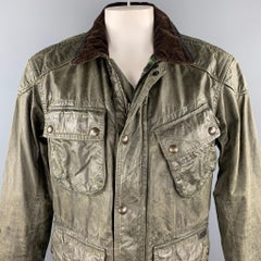 RALPH LAUREN Size L Moss Green Distressed Coated Cotton Zip & Snaps Jacket