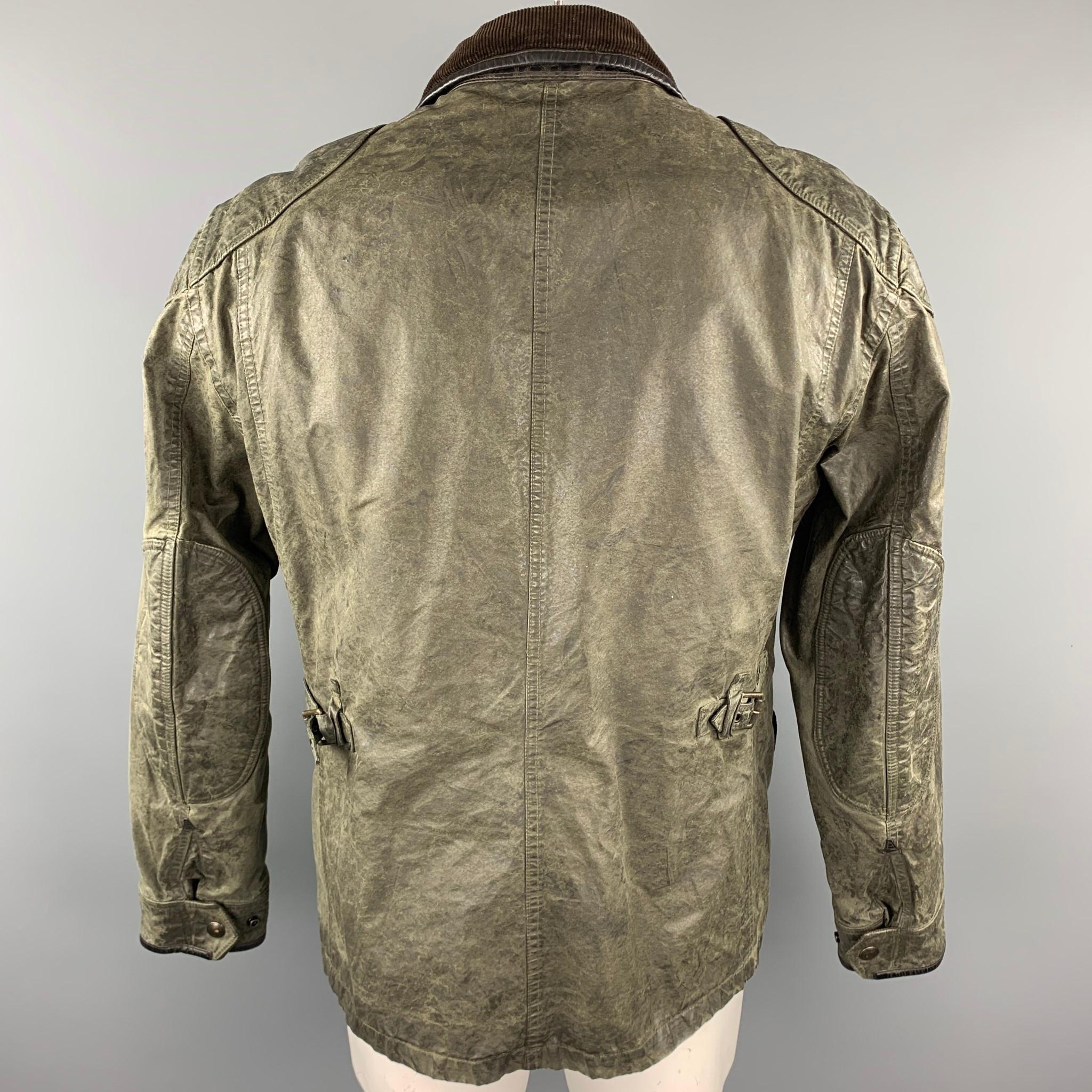 Gray RALPH LAUREN Size L Moss Green Distressed Coated Cotton Zip & Snaps Jacket