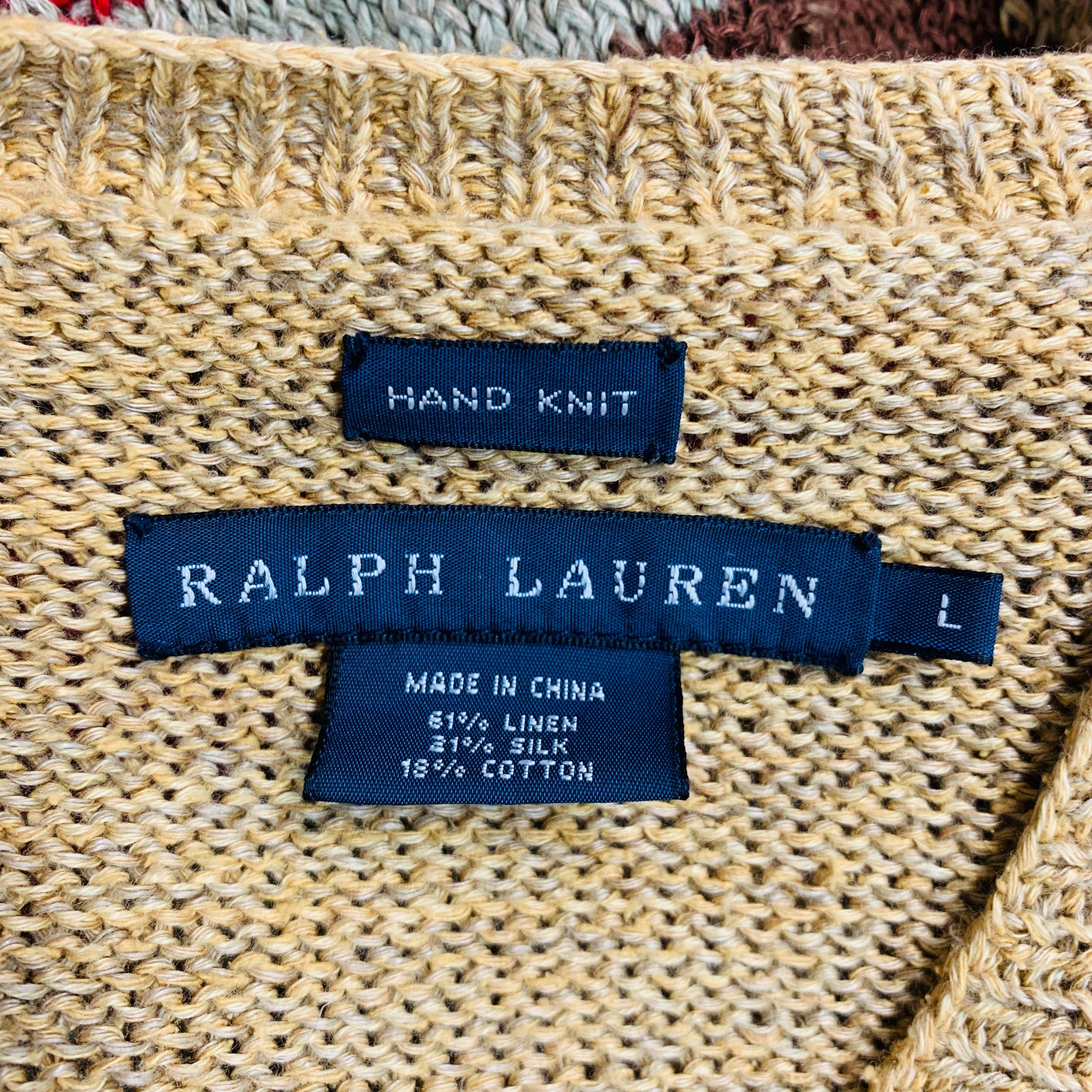 Women's RALPH LAUREN Size L Multi-Color Linen Blend Knitted V-Neck Casual Top For Sale