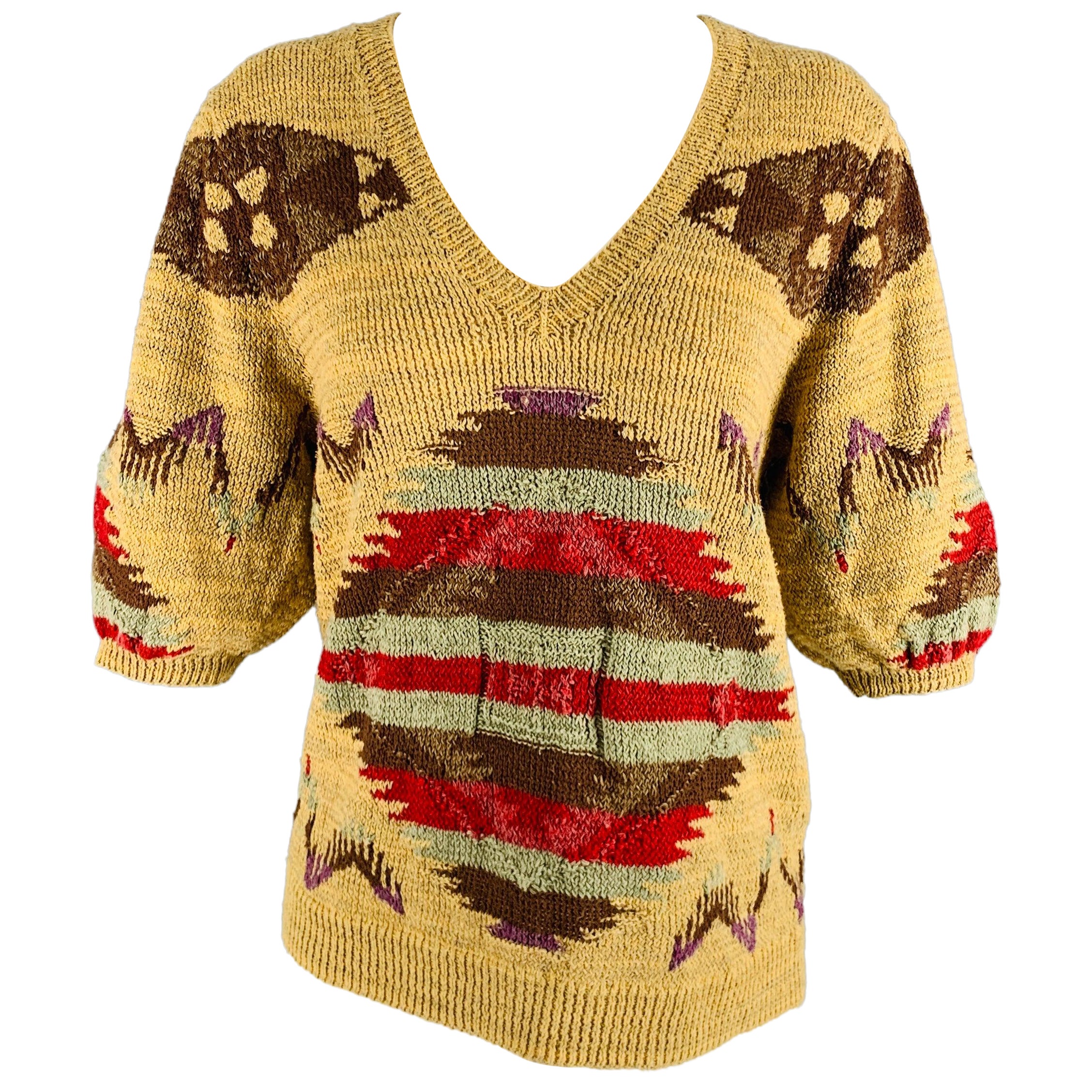 RALPH LAUREN Size L Multi-Color Linen Blend Knitted V-Neck Casual Top For Sale