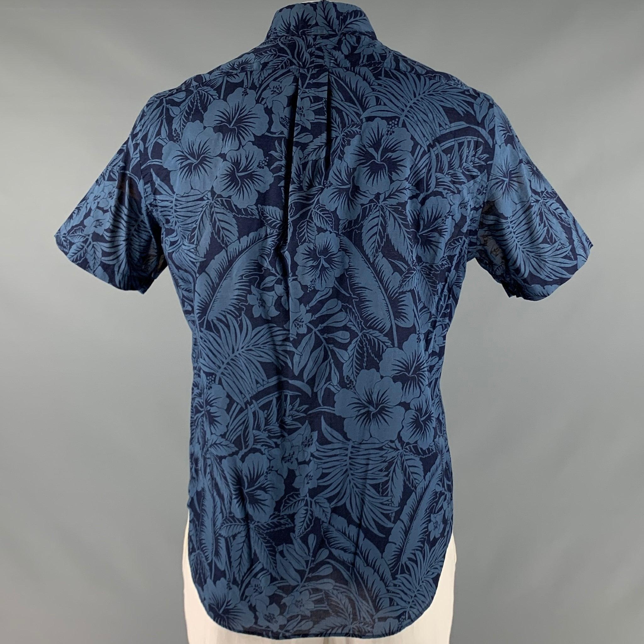 RALPH LAUREN Size L Navy Blue Floral Cotton Classic Short Sleeve Shirt In Good Condition In San Francisco, CA