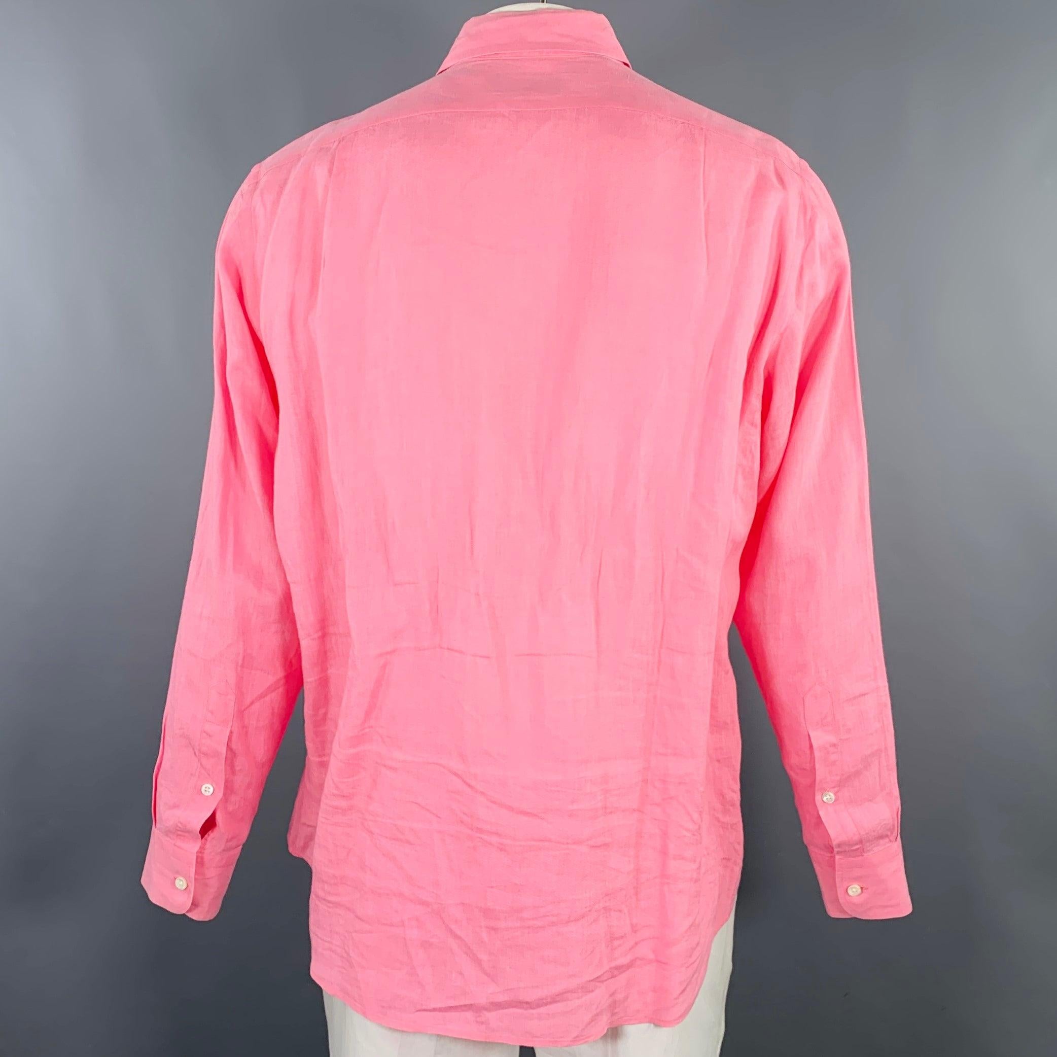RALPH LAUREN Größe L Rosa Leinenhemd mit langen Ärmeln und einer Tasche (Pink) im Angebot