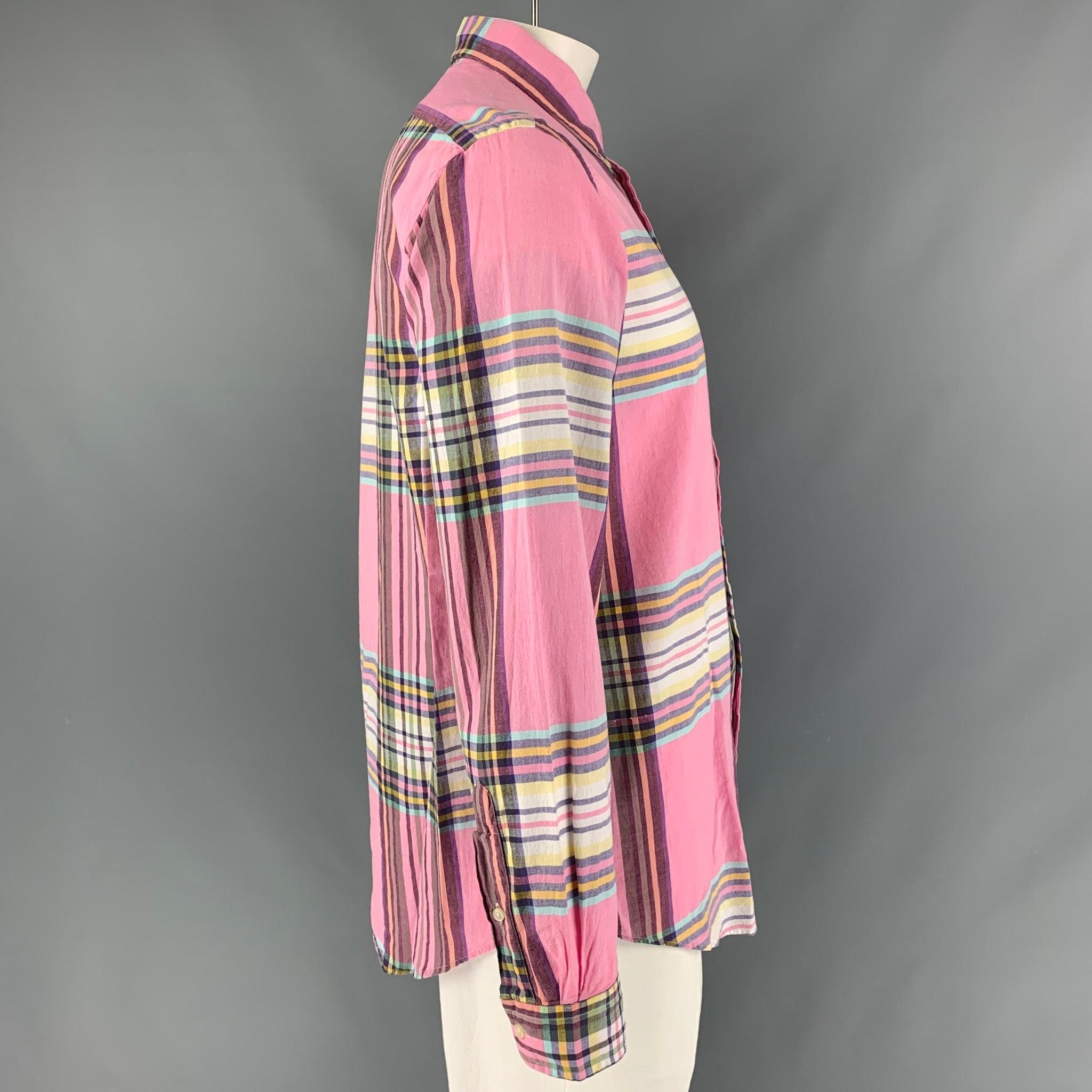 Das langärmelige Hemd von RALPH LAUREN ist aus pinkfarbenem, mehrfarbigem Baumwollmaterial gefertigt und verfügt über einen geknöpften Kragen. Sehr guter gebrauchter Zustand. 

Markiert:   L 

Abmessungen: 
 
Schultern: 18 Zoll  Brustkorb: 50 Zoll 