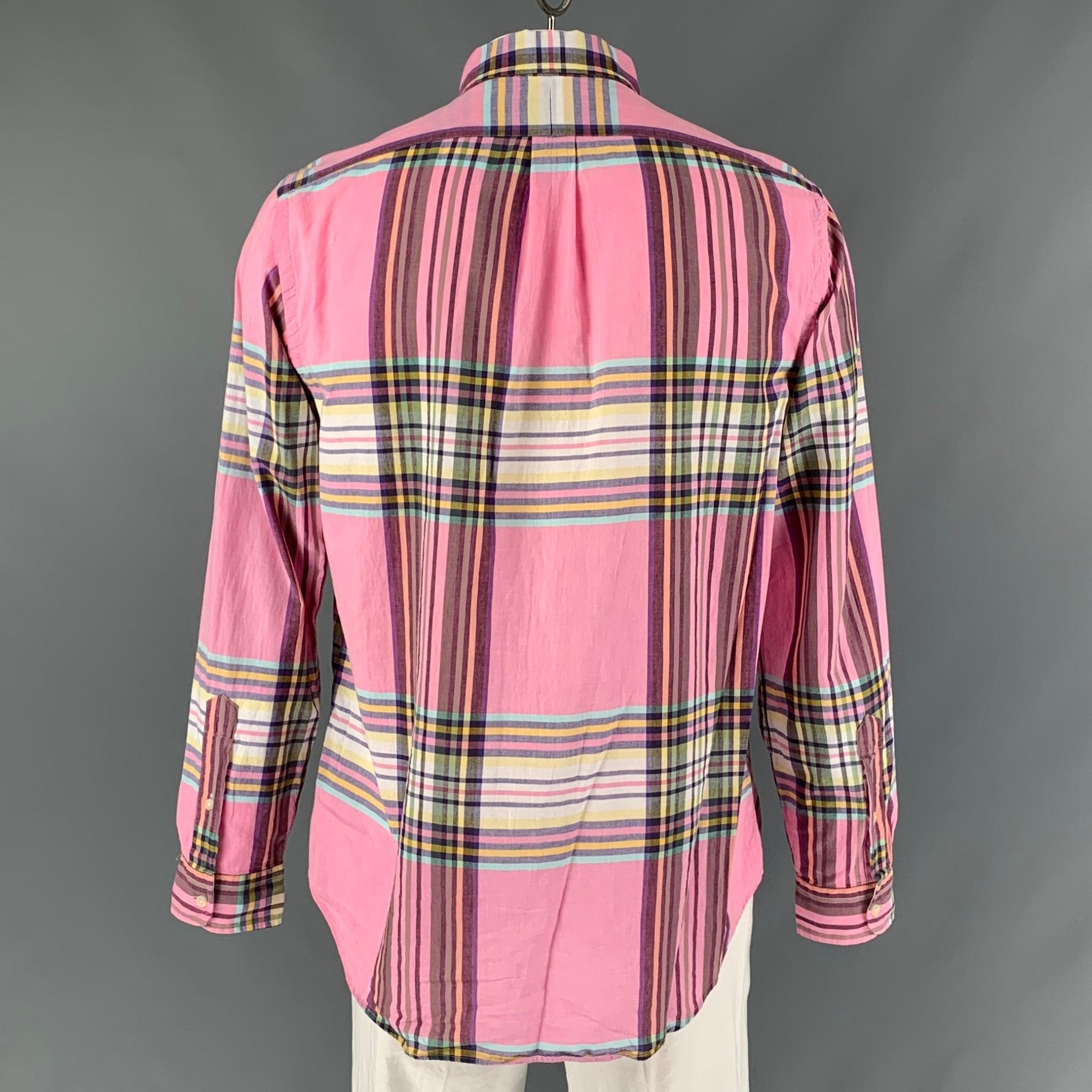 RALPH LAUREN Rosa mehrfarbiges langärmeliges Madras-Baumwollhemd mit Knopfleiste Größe L in Rosa im Zustand „Gut“ im Angebot in San Francisco, CA
