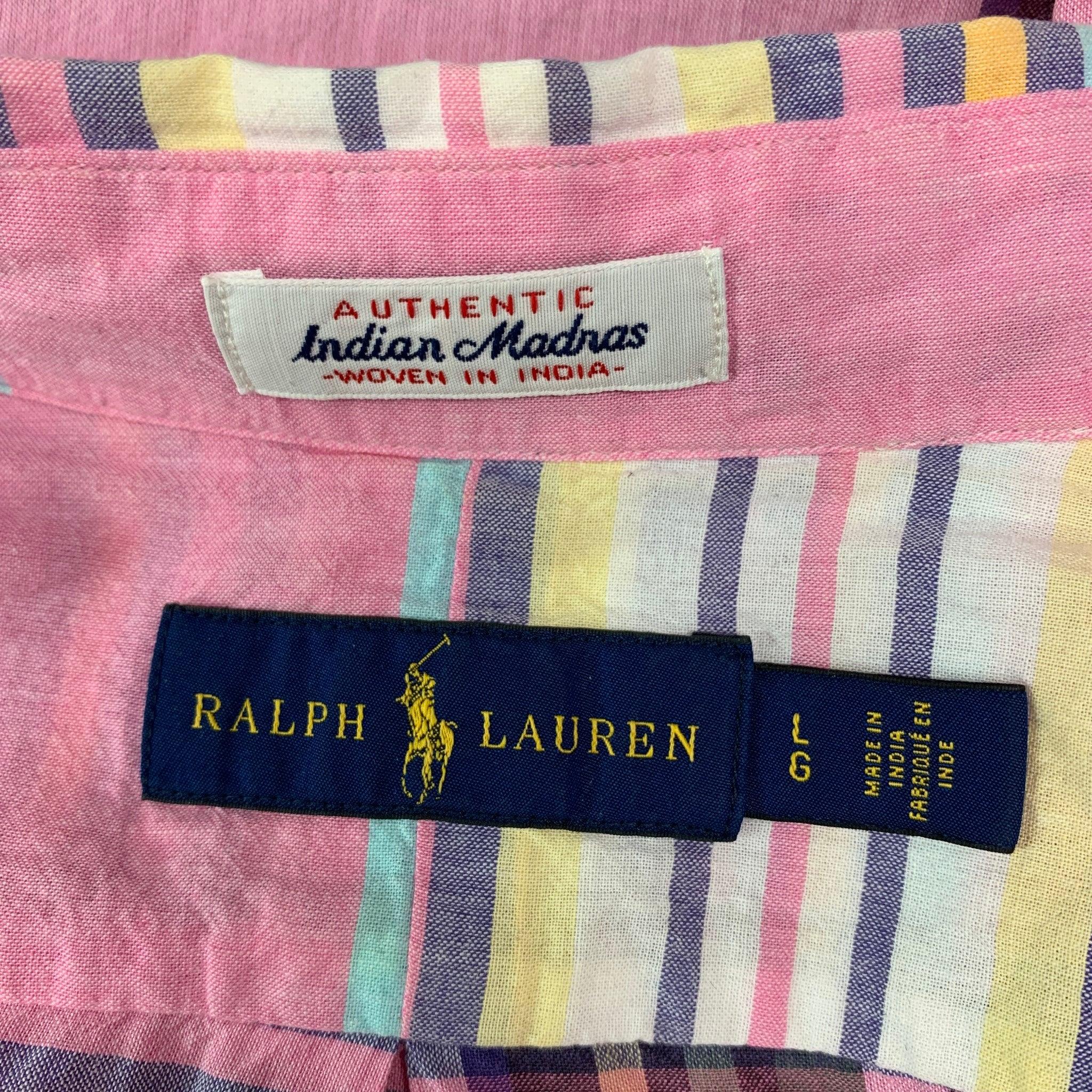 RALPH LAUREN Rosa mehrfarbiges langärmeliges Madras-Baumwollhemd mit Knopfleiste Größe L in Rosa Herren im Angebot