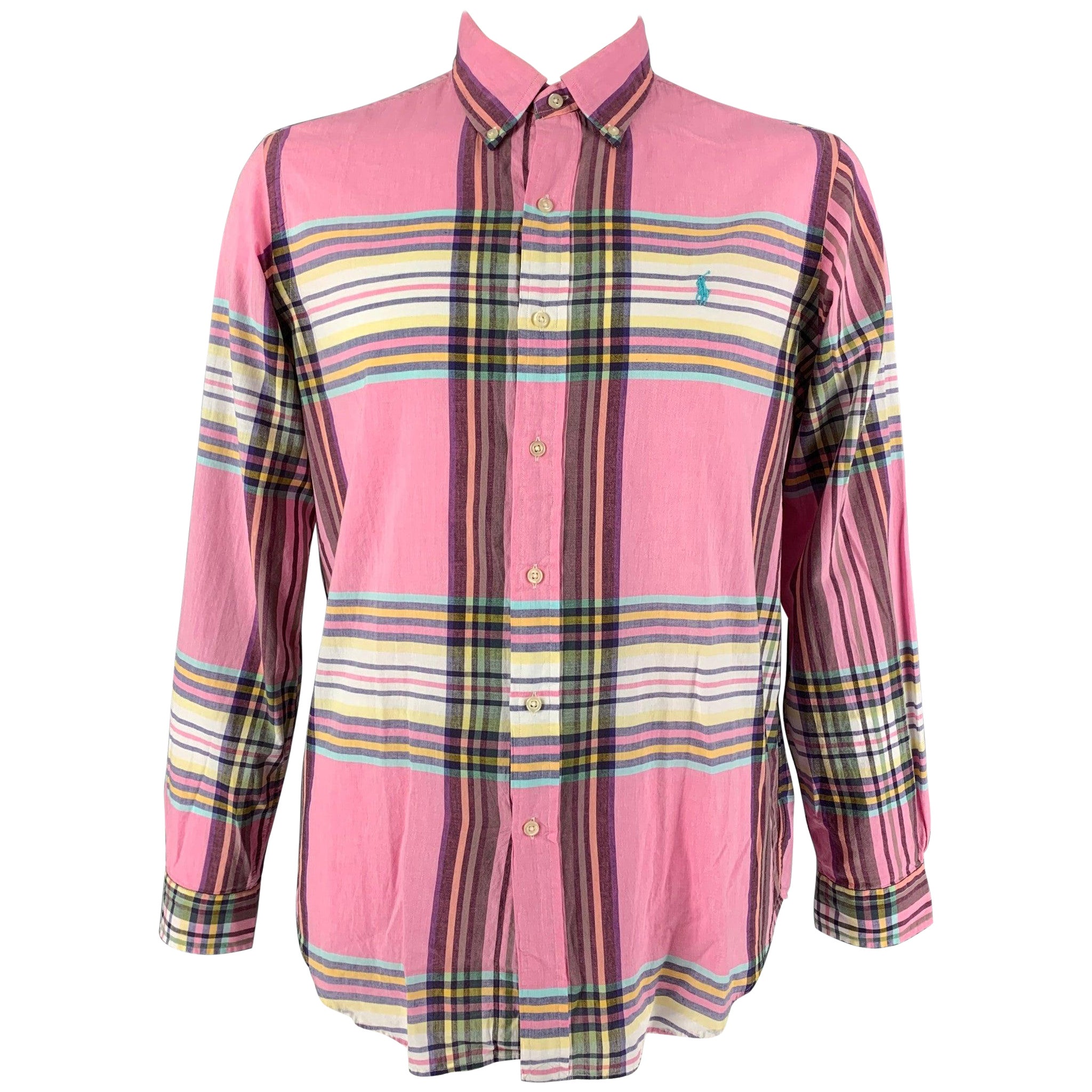 RALPH LAUREN, chemise à manches longues en coton Madras rose multicolore boutonnée