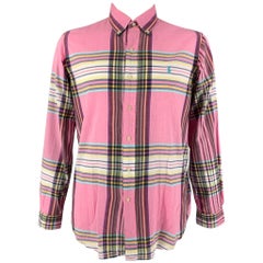 RALPH LAUREN, chemise à manches longues en coton Madras rose multicolore boutonnée
