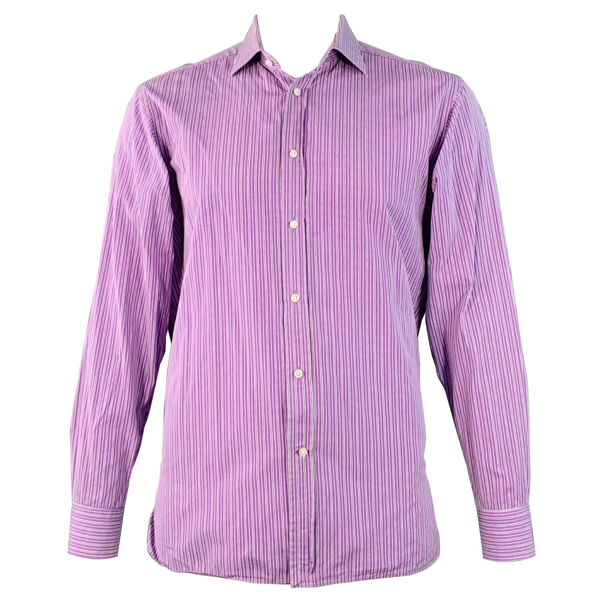 RALPH LAUREN Size L Purple Black White Stripe Cotton Long Sleeve Shirt For Sale