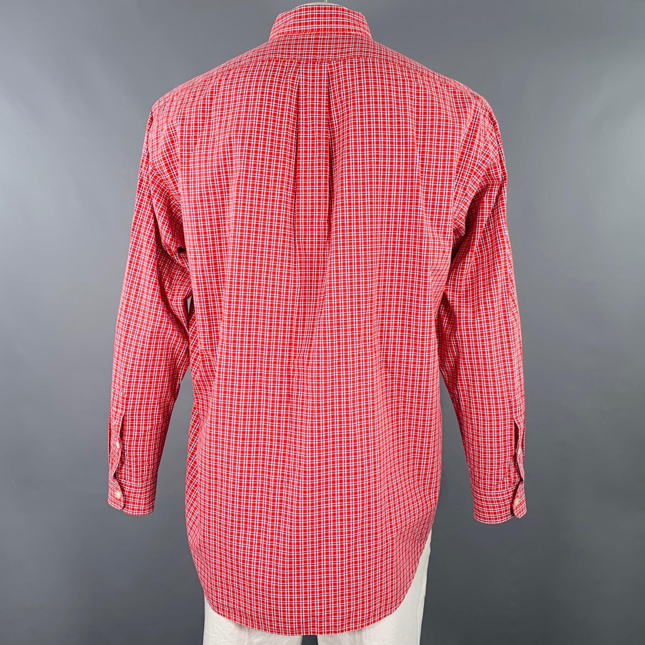 Pink RALPH LAUREN Size L Red Blue Window Pane Cotton Button Down Long Sleeve Shirt For Sale