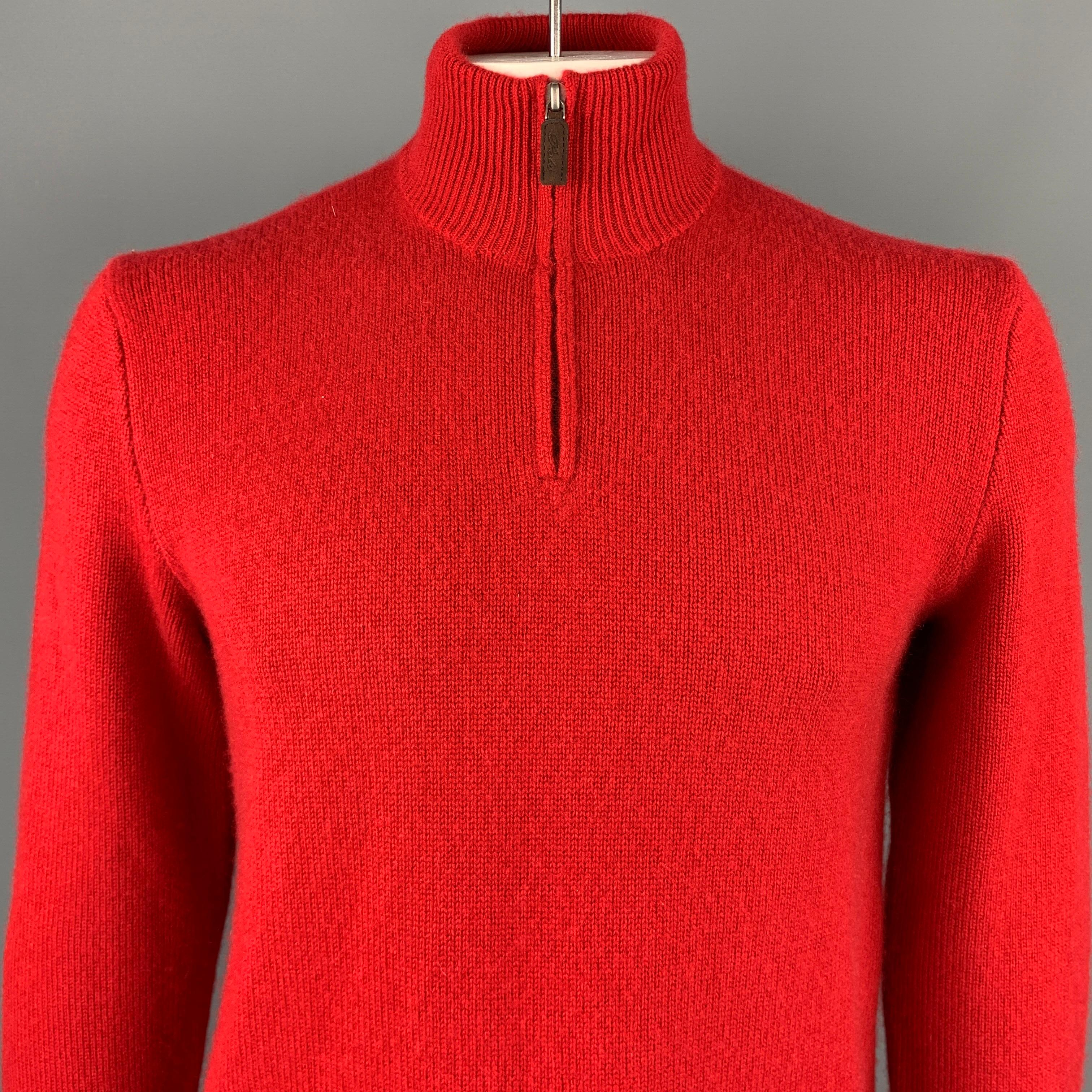 RALPH LAUREN pullover comes in a red knitted cashmere featuring a high collar and a half zip closure.

Excellent Pre-Owned Condition.
Marked: L

Measurements:

Shoulder: 18.5 in. 
Chest: 42 in. 
Sleeve: 27.5 in. 
Length: 26 in. 