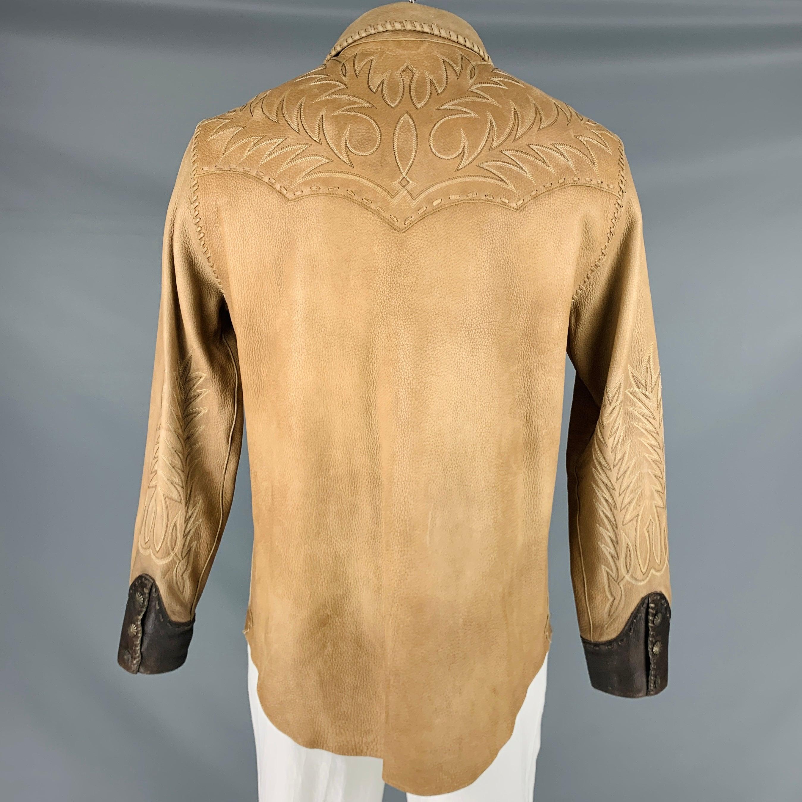 Men's RALPH LAUREN Size L Tan Brown Embroidery Leather Western Long Sleeve Shirt For Sale