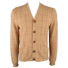 RALPH LAUREN Size L Tan Window Pane Wool Cardigan Sweater