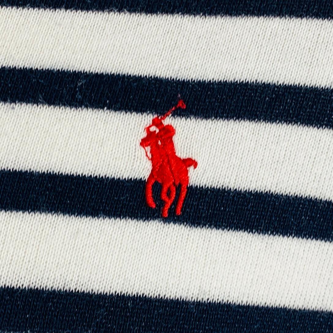 POLO by RALPH LAUREN pullover
in a white and navy cotton blend knit featuring a horizontal stripe pattern, contrast navy trim, Ralph Lauren logo, and crew neck.Very Good Pre-Owned Condition. Moderate signs of wear. 

Marked:   L 

Measurements: 
