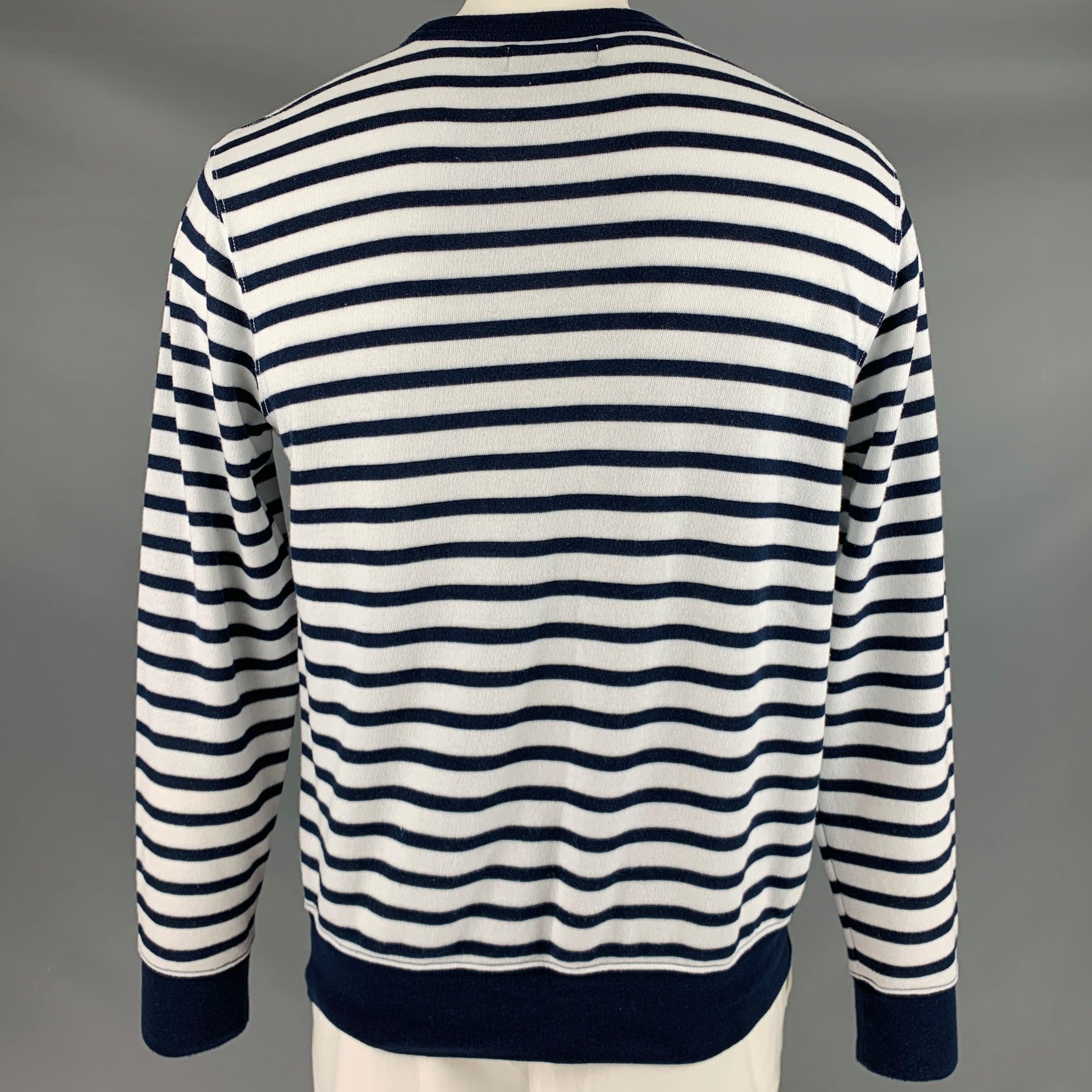 Men's RALPH LAUREN Size L White Navy Stripe Cotton Blend Crew Neck Pullover For Sale