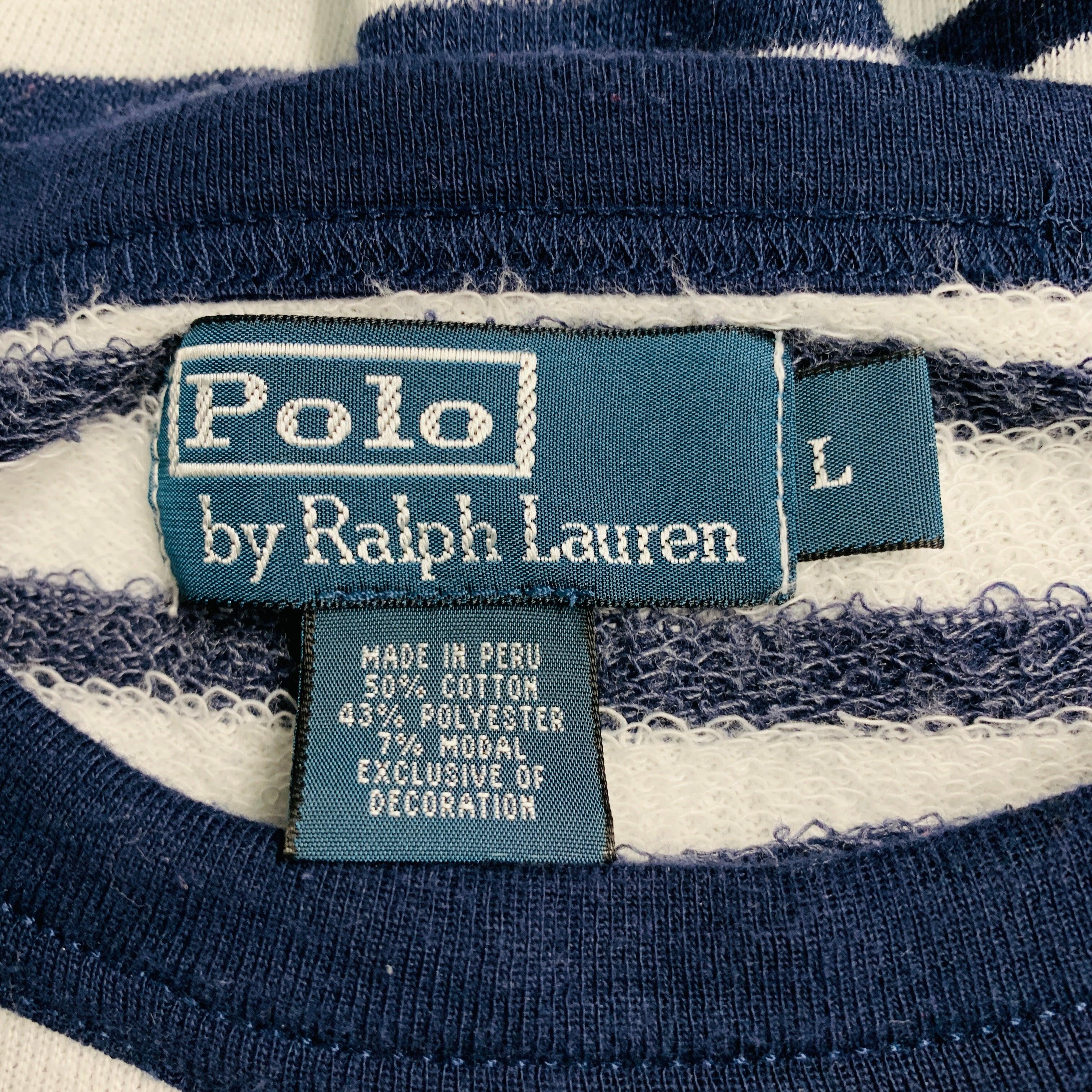 RALPH LAUREN Size L White Navy Stripe Cotton Blend Crew Neck Pullover For Sale 2