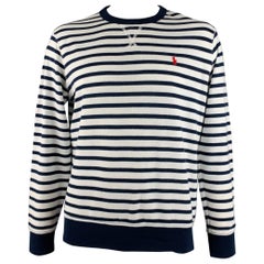 RALPH LAUREN Size L White Navy Stripe Cotton Blend Crew Neck Pullover