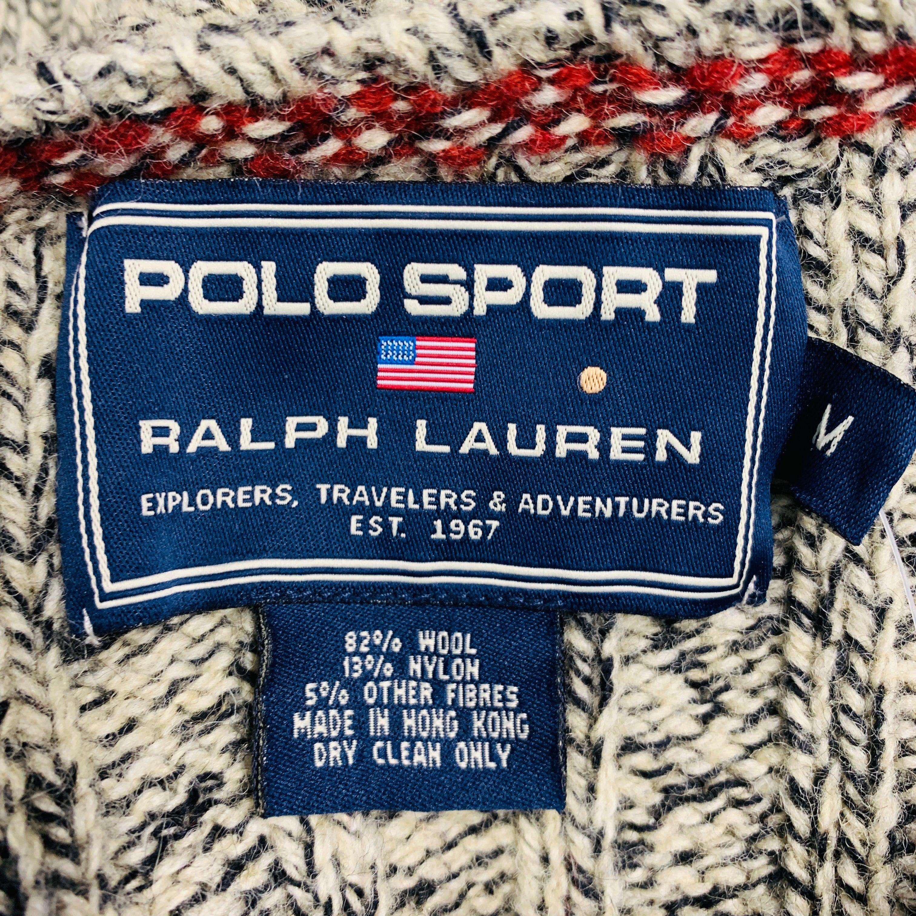 Men's RALPH LAUREN Size M Beige Black Knitted Wool Nylon Crew Neck Sweater For Sale