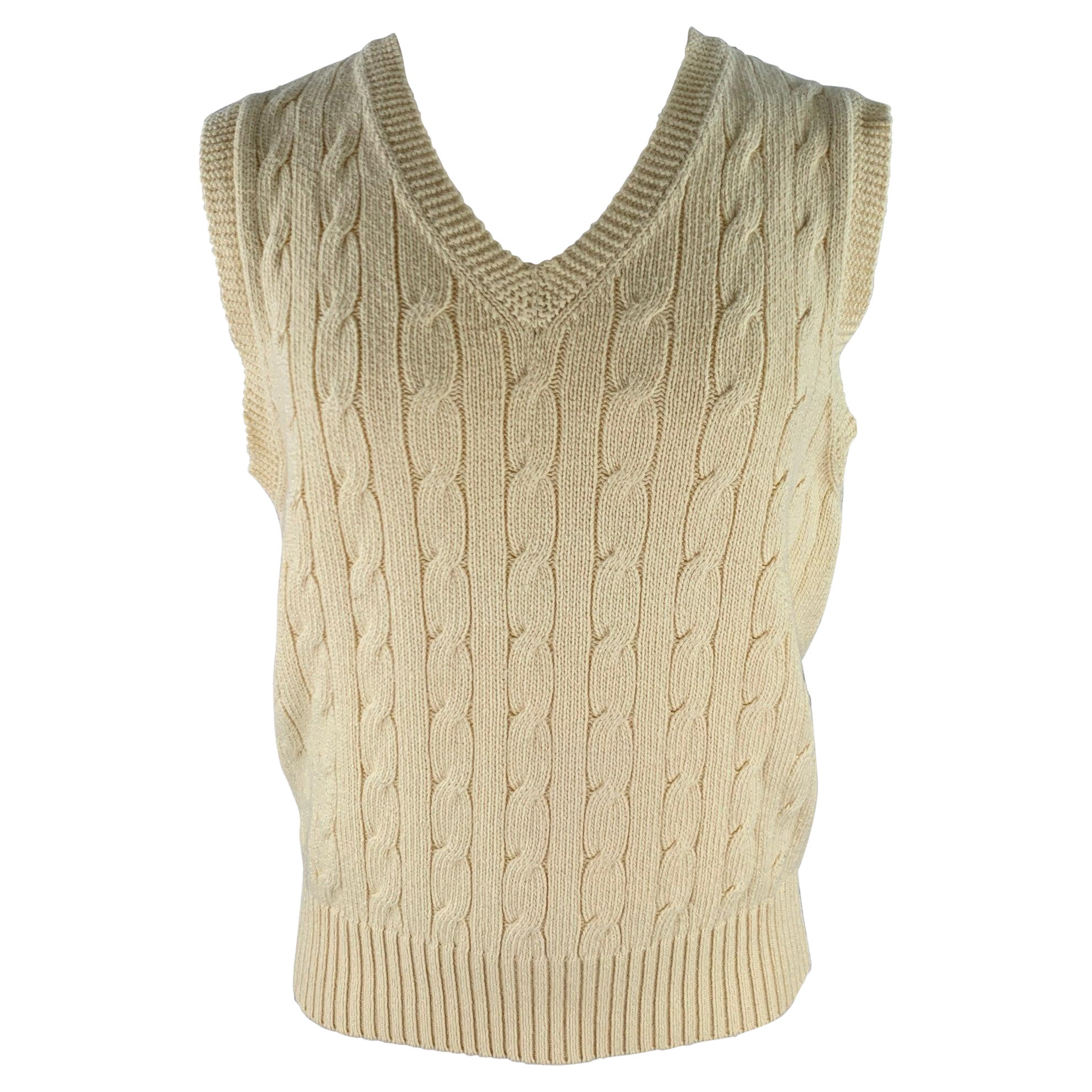 RALPH LAUREN Talla M Chaleco Beige de Punto de Cable de Algodón y Cachemira con Cuello en V