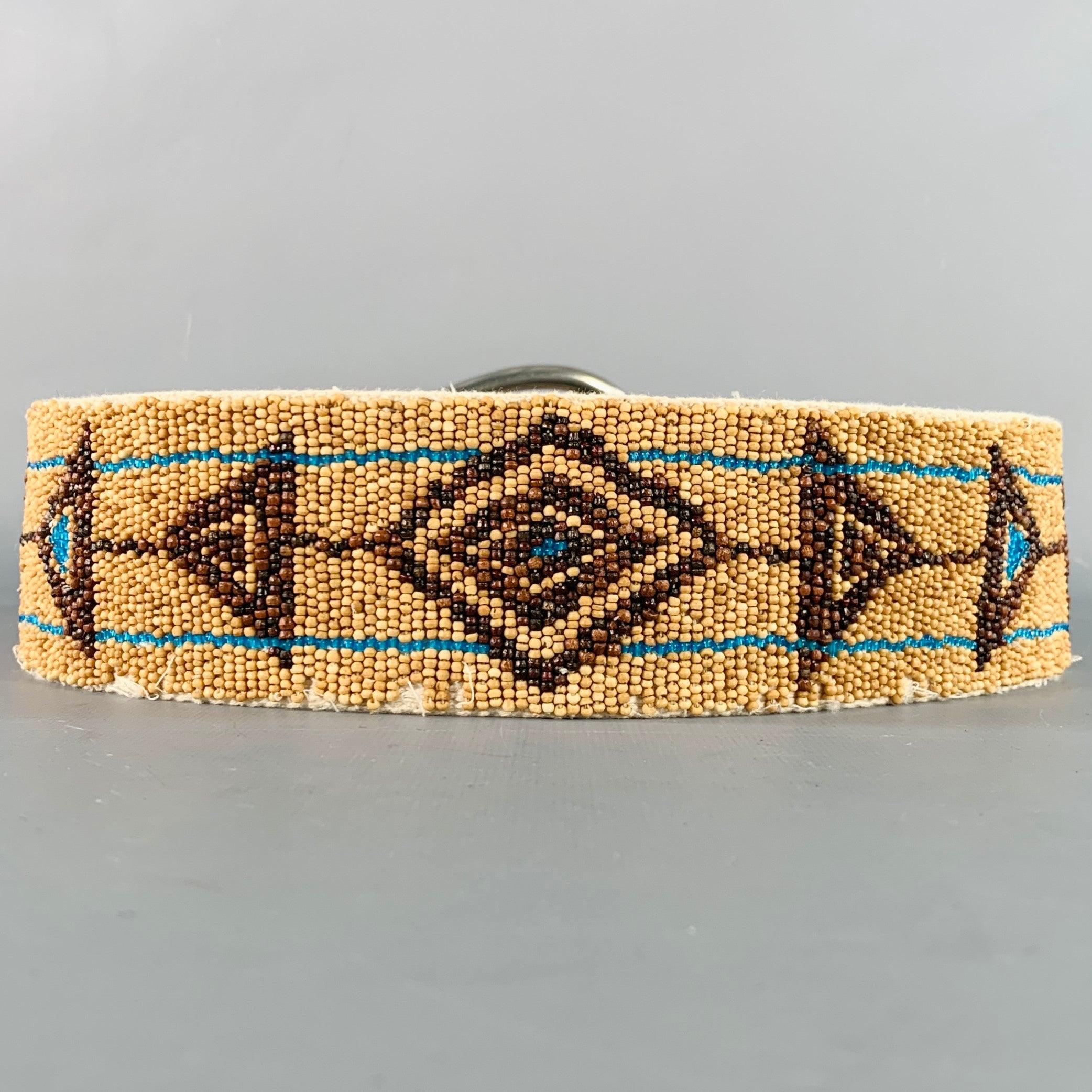 RALPH LAUREN Size M Beige Turquoise Brown Leather Beaded Belt In Good Condition For Sale In San Francisco, CA