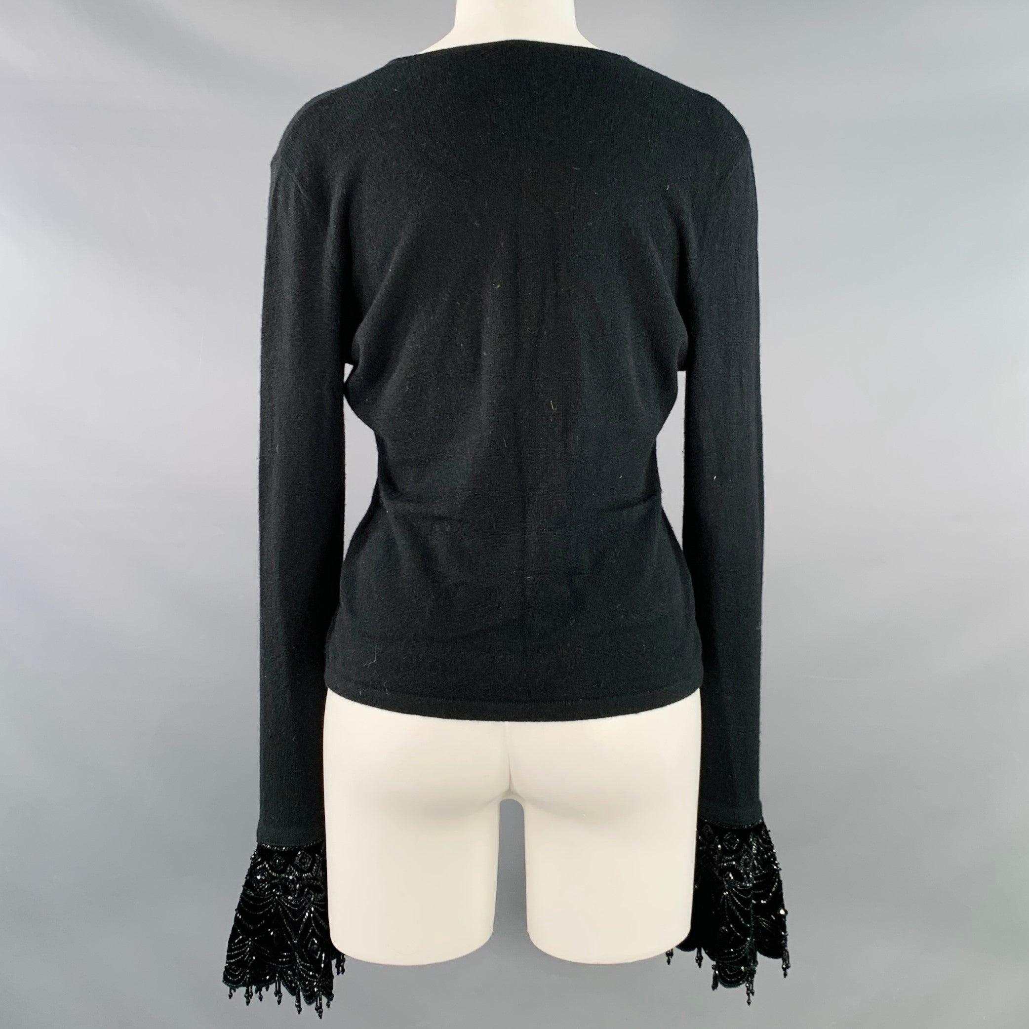 De las mujeres RALPH LAUREN Talla M Top de cachemira negro con cuentas y cuello en V en venta