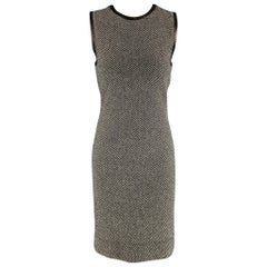 RALPH LAUREN Größe M Schwarzes & weißes Kaschmir-Kleid mit Fischgrätenmuster und tiefem Knieausschnitt