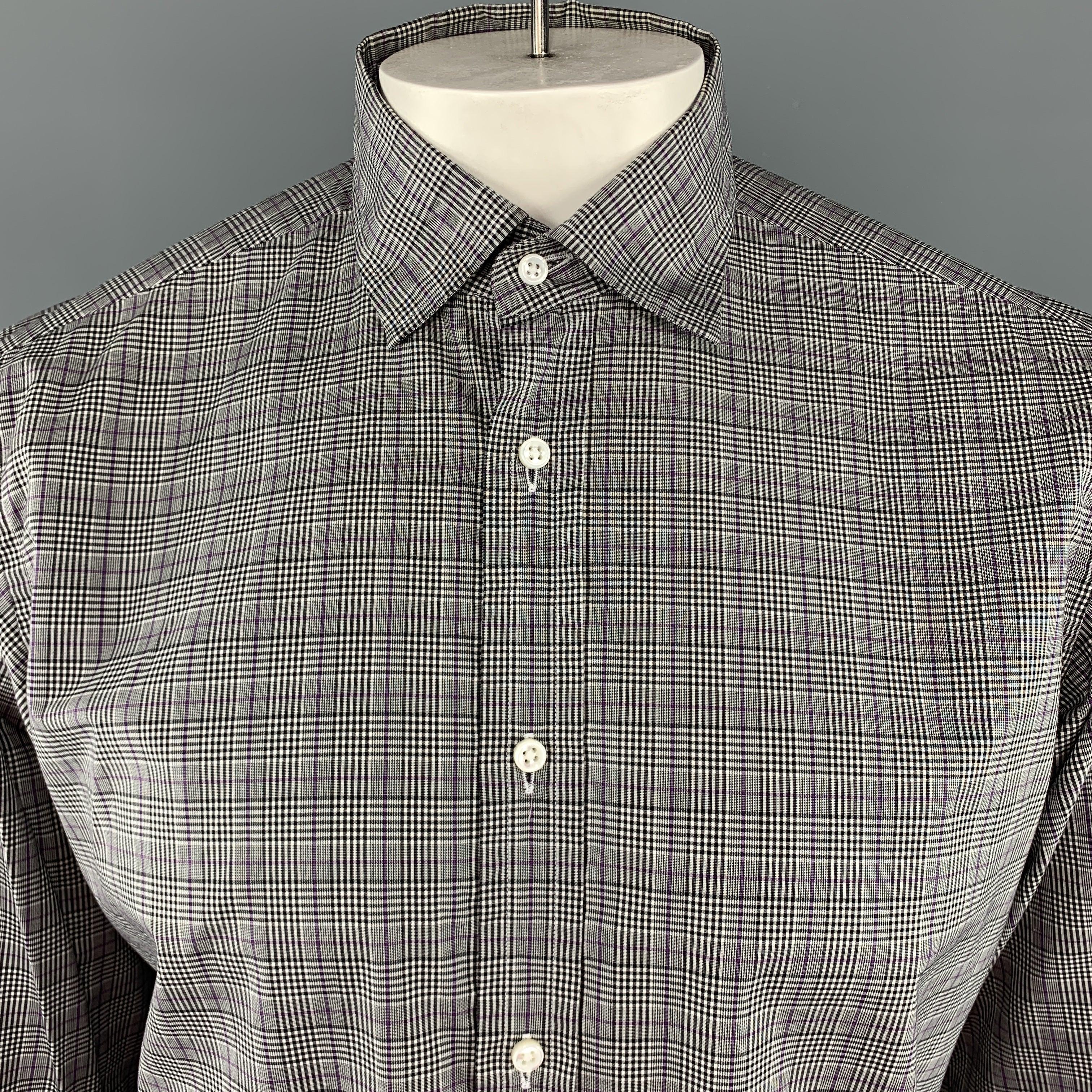 RALPH LAUREN PURPLE LABEL
Long Sleeve Shirt comes in black and white tones in a plaid cotton material, with a pointed collar, buttoned cuffs, button up. Made in Italy.Excellent Pre-Owned Condition. 

Marked:   M 

Measurements: 
 
Shoulder: 16.5
