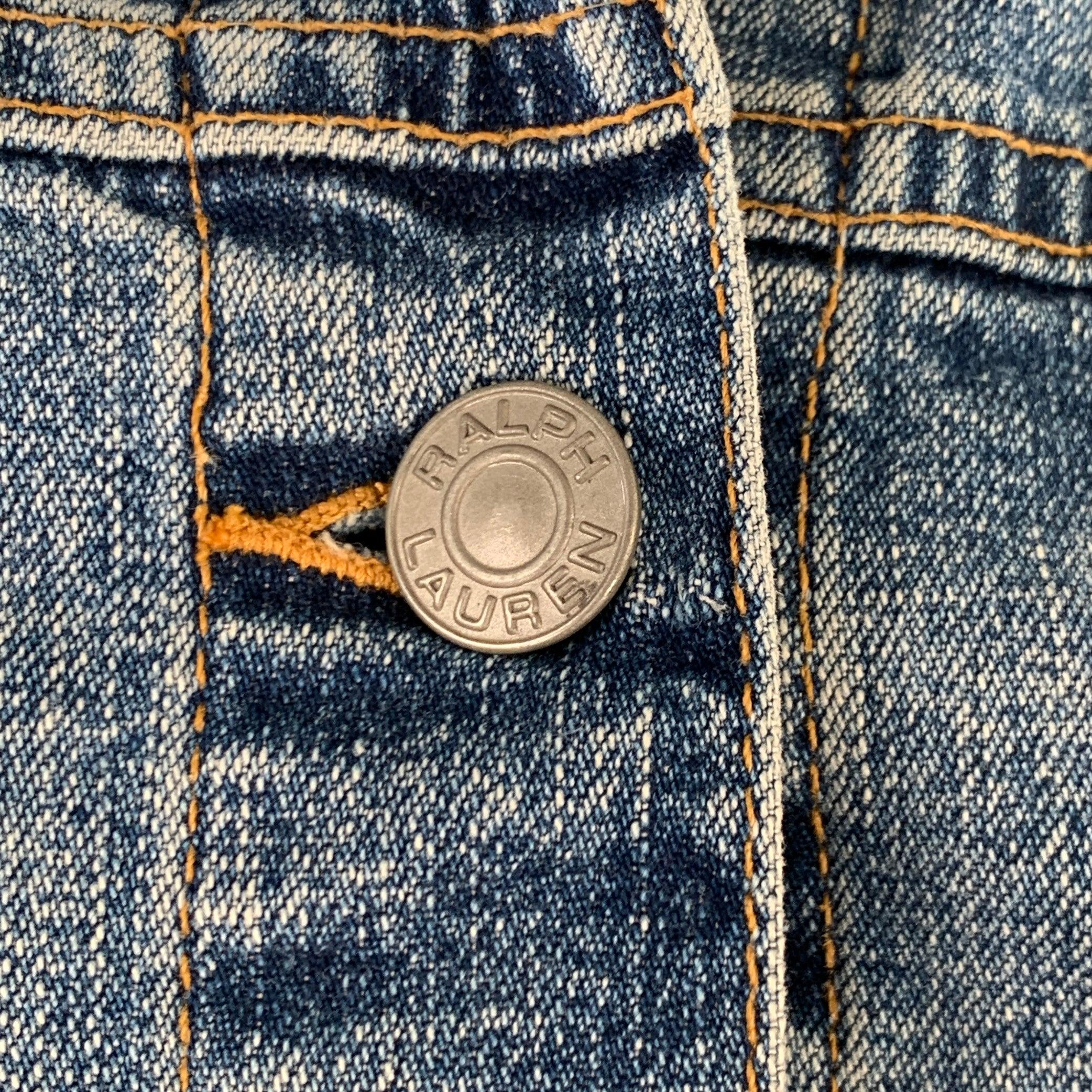 RALPH LAUREN BLUE LABEL jacket
in a blue cotton blend denim featuring four pockets (two slip, two buttoned patch pockets), and button closure. Excellent Pre-Owned Condition. 

Marked:   M 

Measurements: 
 
Shoulder: 15.5 inches Bust: 39 inches