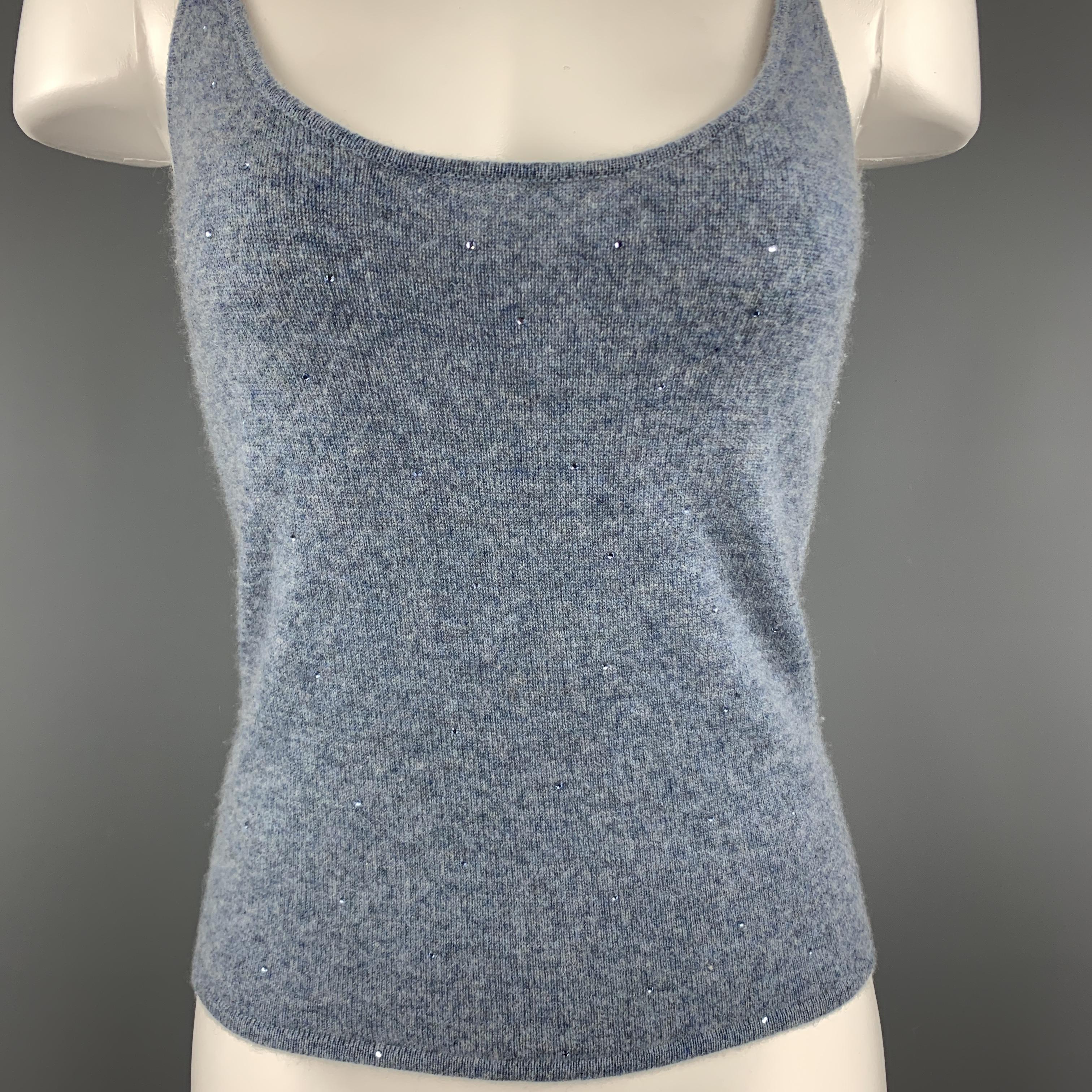 RALPH LAUREN BLACK LABEL camisole comes in muted blue heathered cashmere knit with spaghetti straps and crystal studs throughout. Matching cardigan available separately. 

Excellent Pre-Owned Condition.
Marked:  M

Measurements:

Shoulder: 12