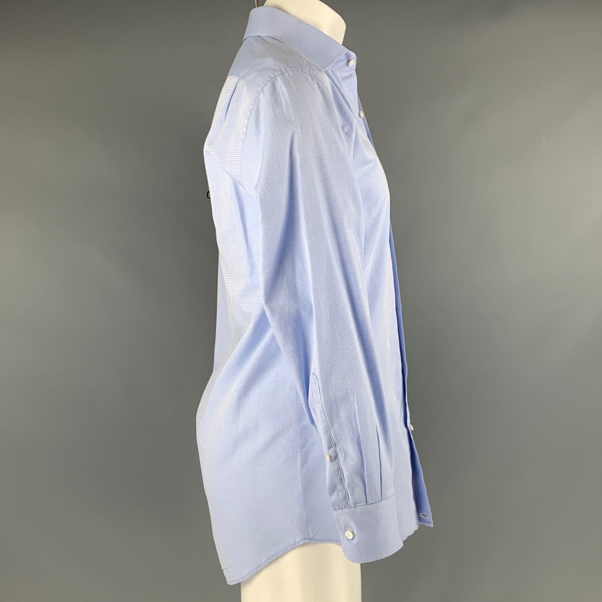 PURPLE LABEL by RALPH LAUREN long sleeve shirt in a blue cotton featuring textured look, spread collar, and button closure. Made in Italy.Very Good Pre-Owned Condition. Minor signs of wear. 

Marked:   16 

Measurements: 
 
Shoulder: 18 inches
