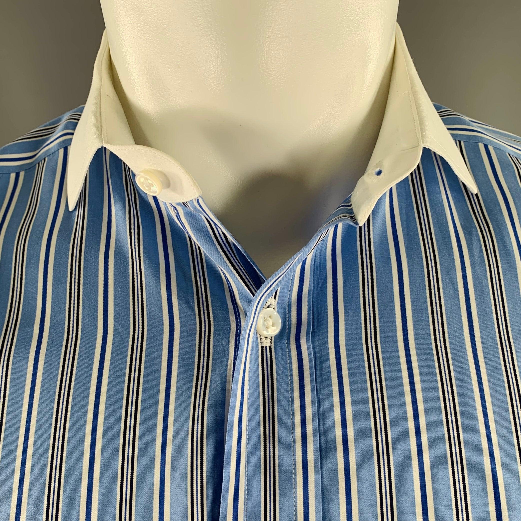 Camicia Ralph Lauren Purple Label a maniche lunghe in tessuto di cotone blu e bianco con colletto ampio, motivo a righe, polsini alla francese e chiusura con bottoni. I gemelli non sono inclusi. Made in Italy. Eccellente condizione di usato.