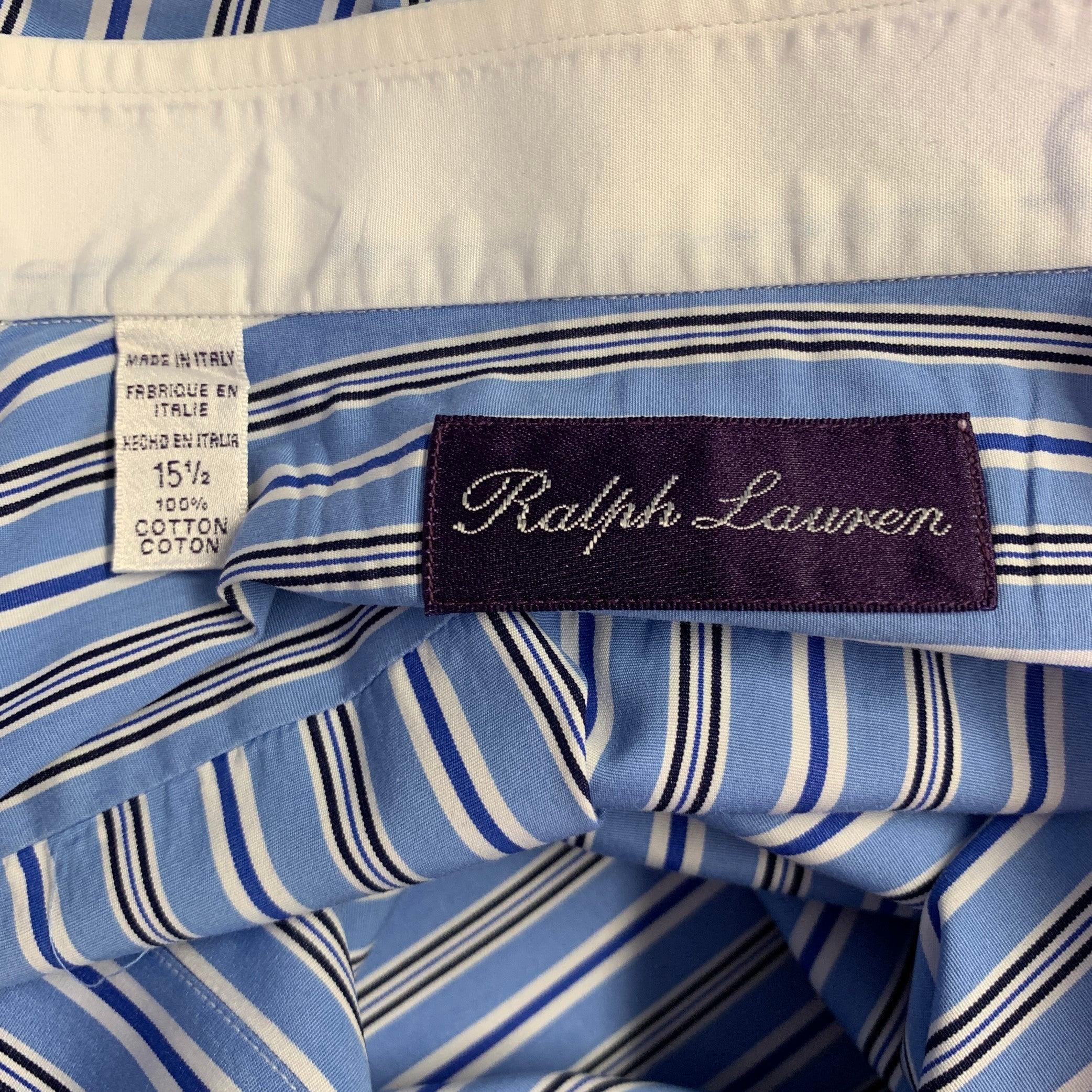 Uomo RALPH LAUREN Taglia M Camicia a maniche lunghe in cotone a righe bianche e blu, con colletto aperto.
