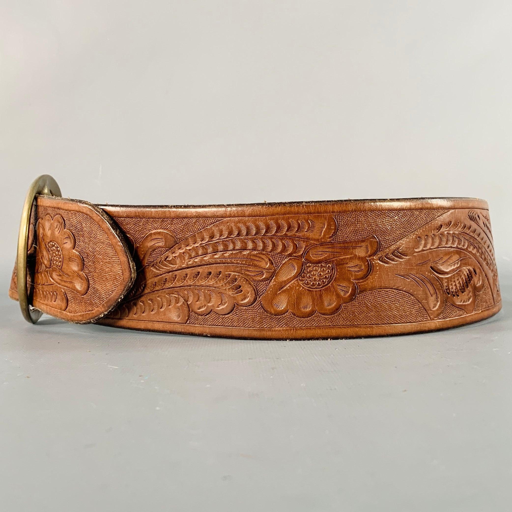 Women's RALPH LAUREN Size M Brown Brass Embossed Leather Belt For Sale