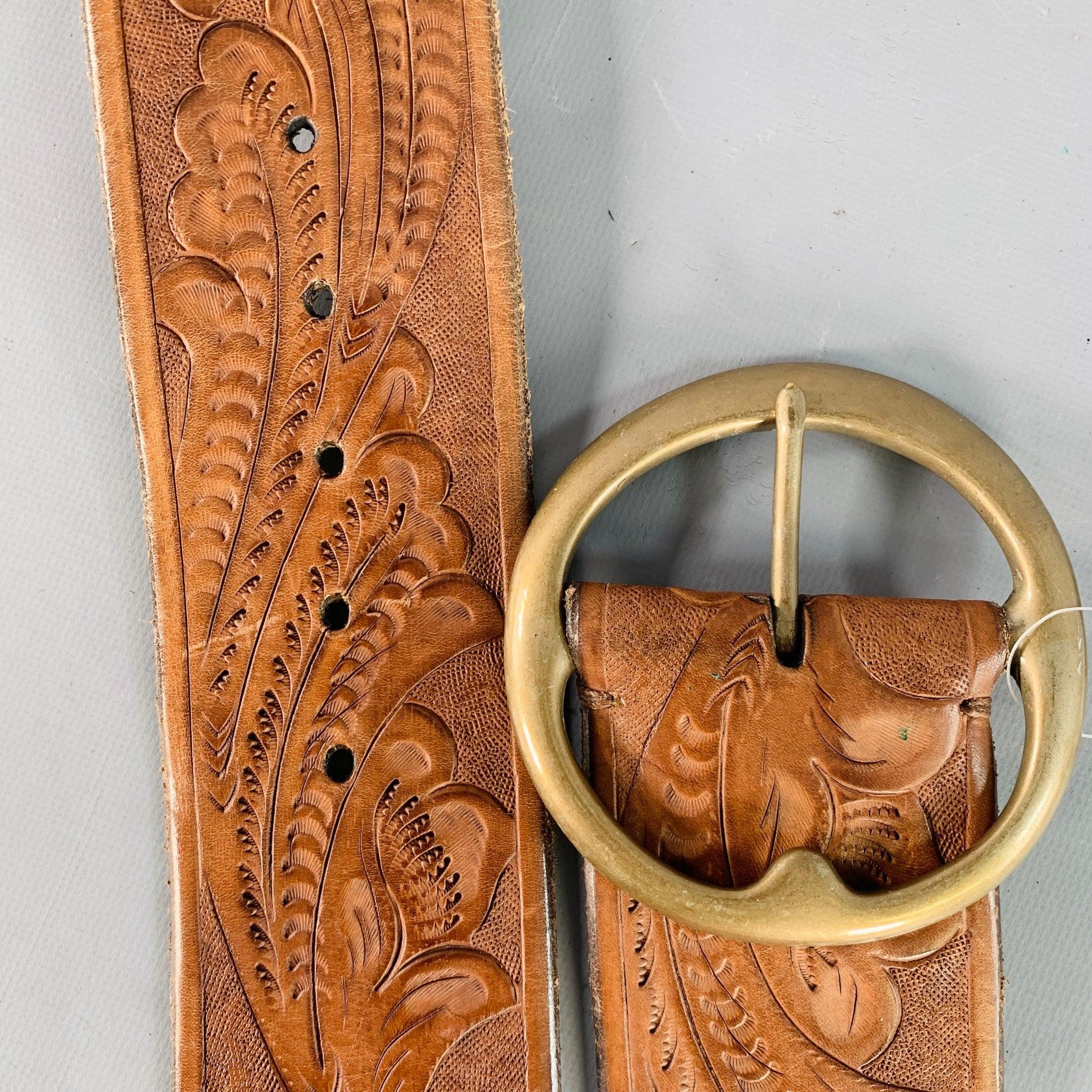 RALPH LAUREN Size M Brown Brass Embossed Leather Belt For Sale 3