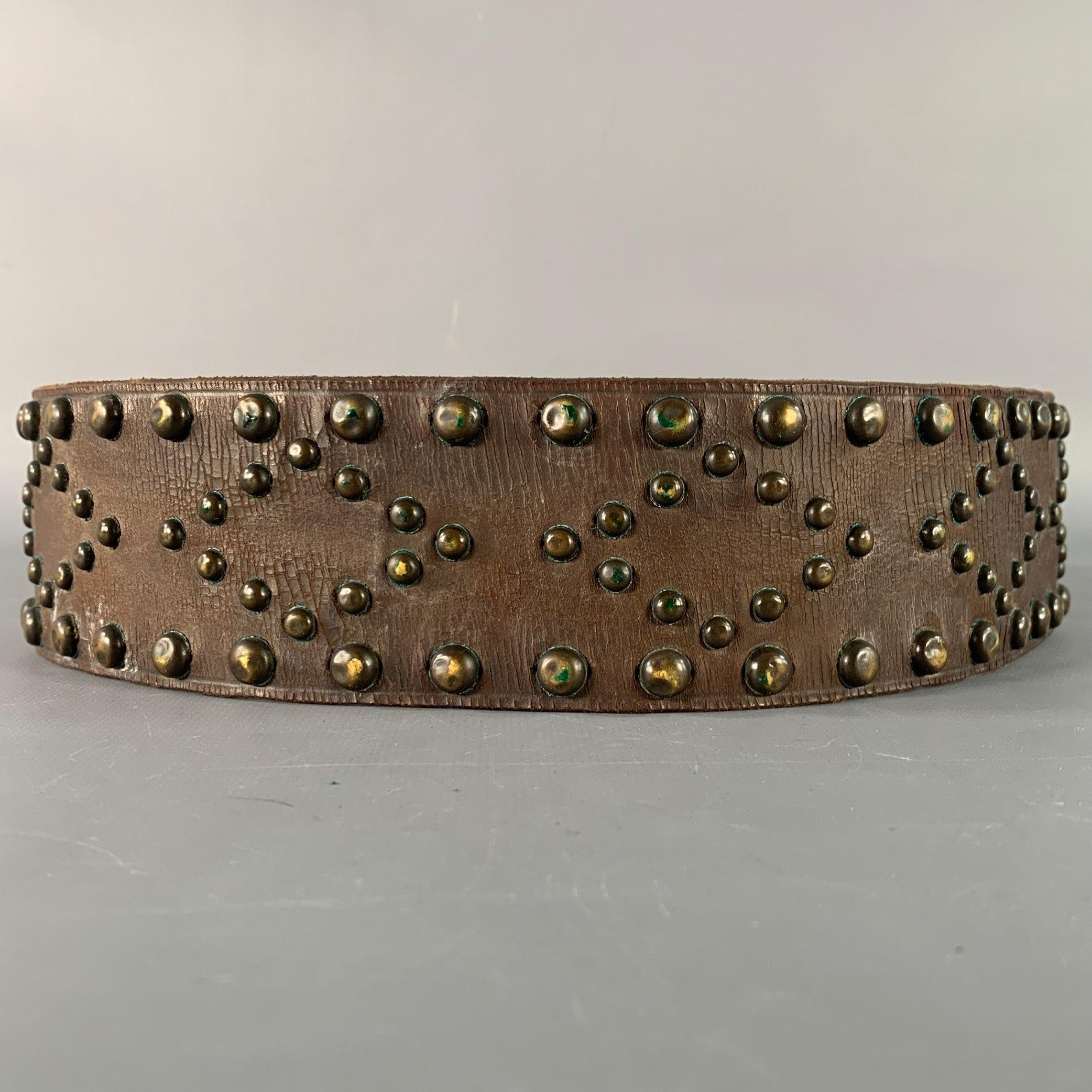 RALPH LAUREN Size M Brown Brass Studded Leather Western Belt In Good Condition For Sale In San Francisco, CA