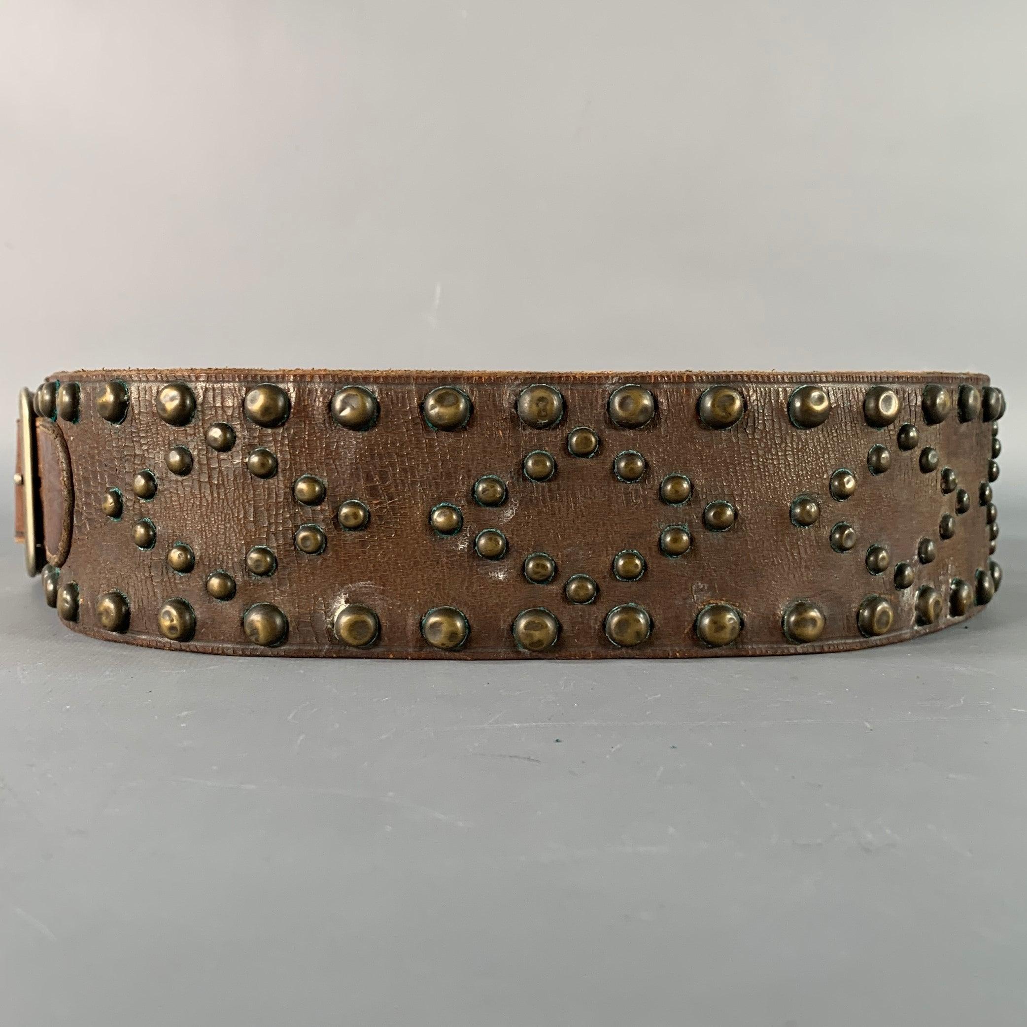 Women's RALPH LAUREN Size M Brown Brass Studded Leather Western Belt For Sale