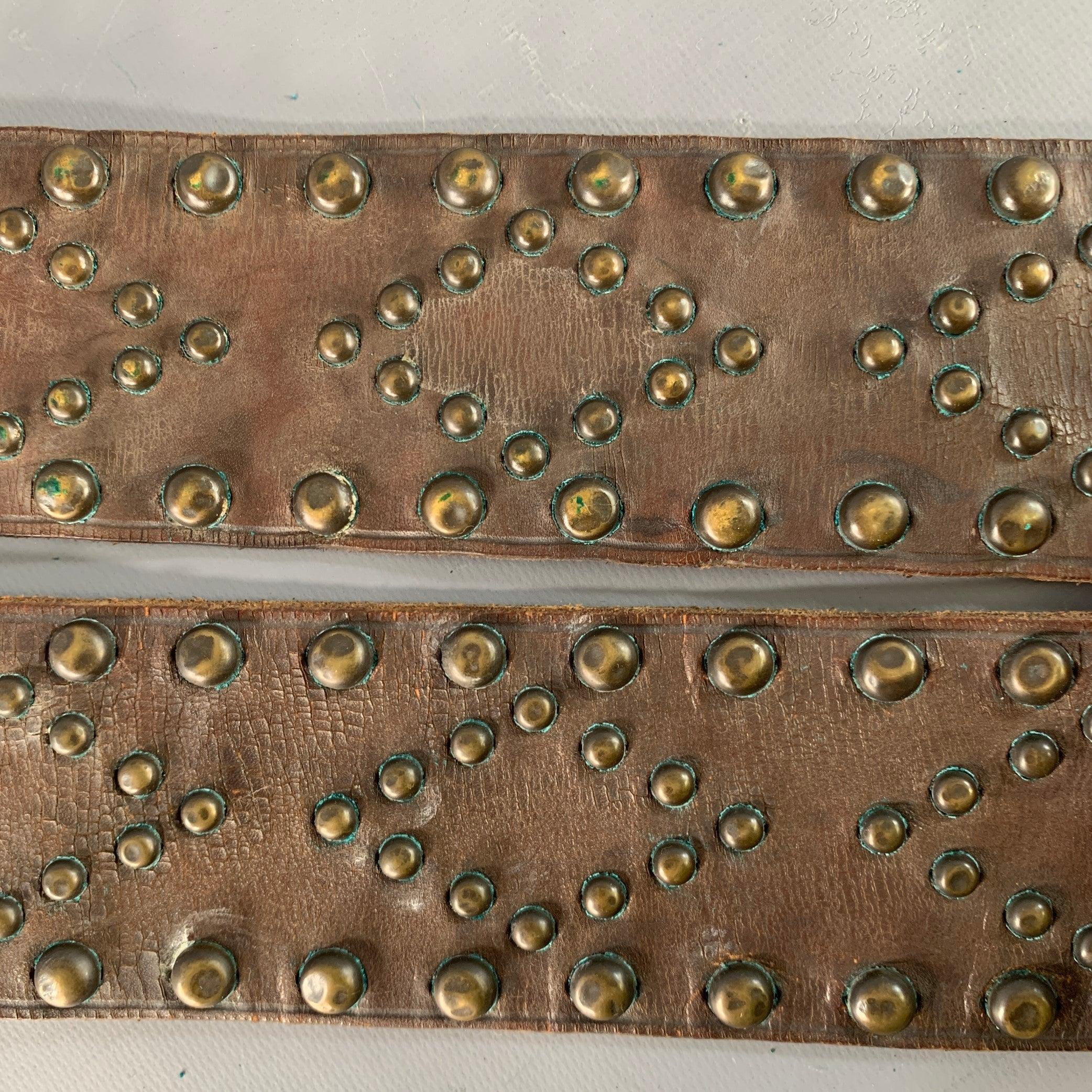 RALPH LAUREN Size M Brown Brass Studded Leather Western Belt For Sale 4