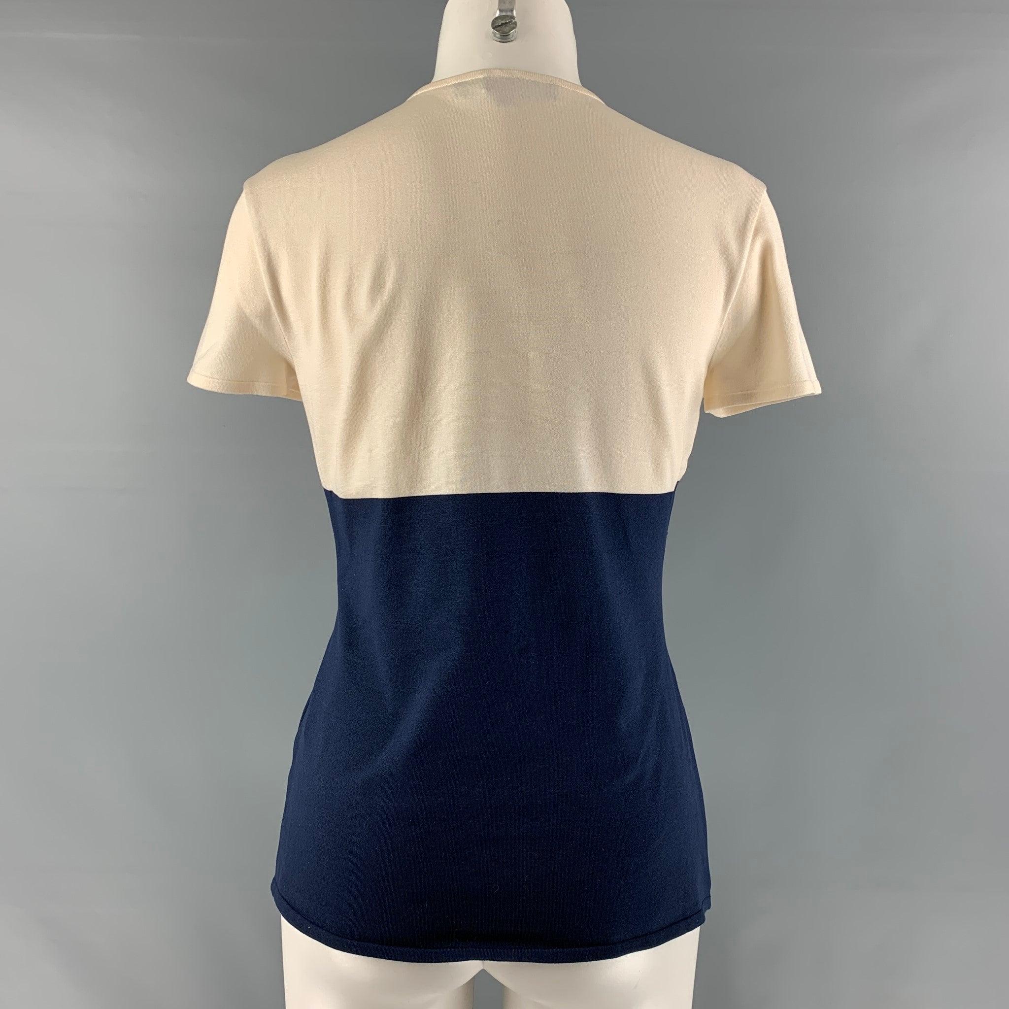 RALPH LAUREN Size M Cream and  Navy Silk Blend Color Block Pullover In Excellent Condition In San Francisco, CA