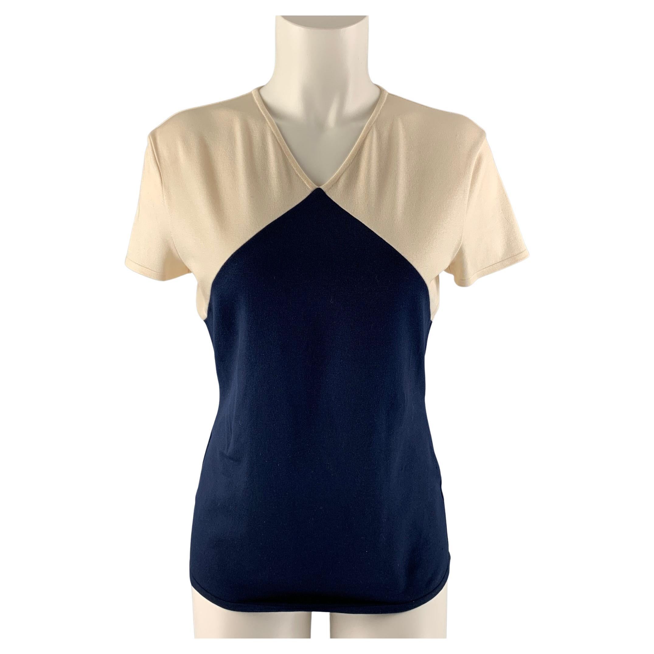 RALPH LAUREN Size M Cream and Navy Silk Blend Color Block Pullover