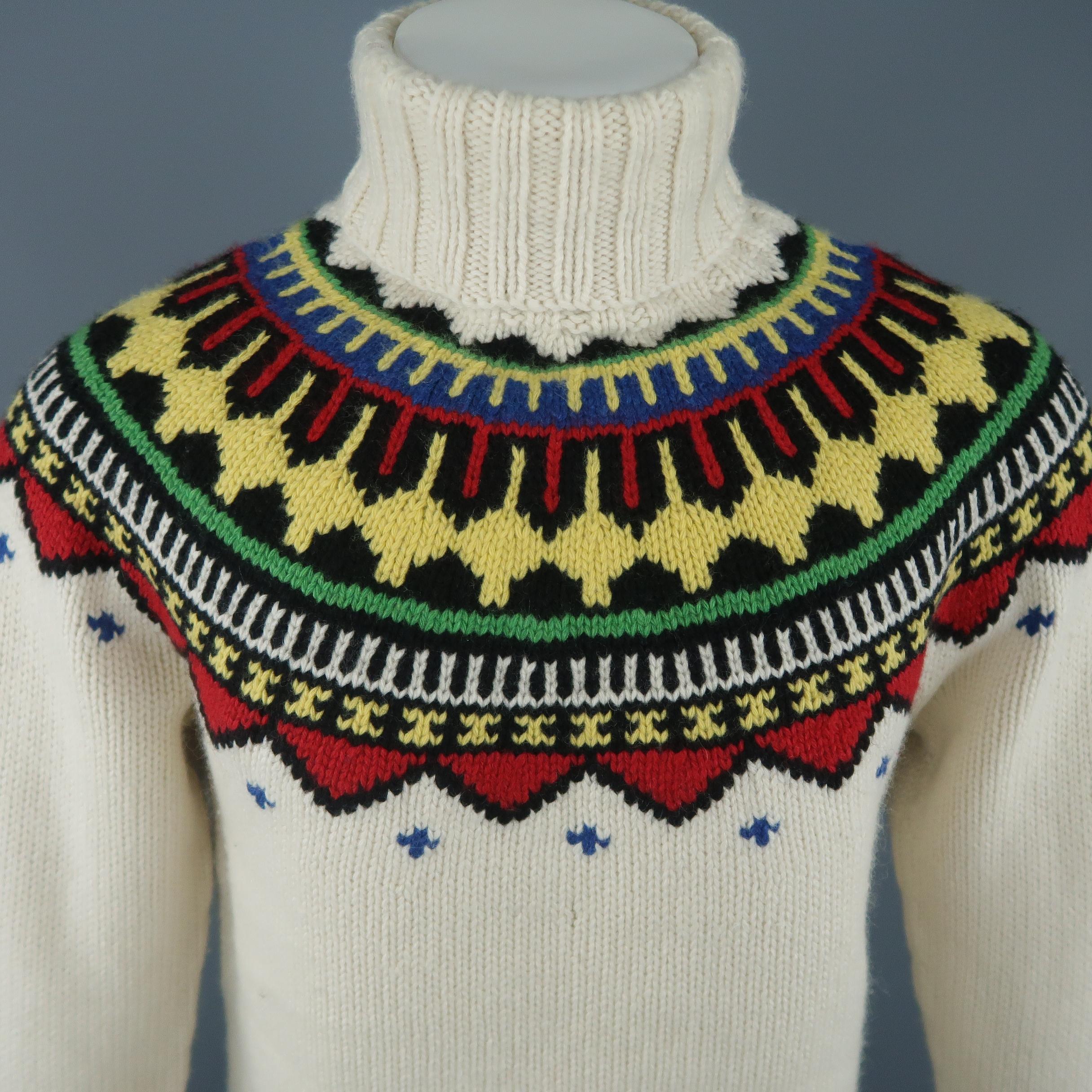 POLO RALPH LAUREN turtleneck sweater comes in cream wool knit with a rolled turtleneck collar and multi color Intarsia Fairisle print.
 
Excellent Pre-Owned Condition.
Marked: M
 
Measurements:
 
Shoulder: 20 in.
Chest: 44 in.
Sleeve: 25 in.
Length:
