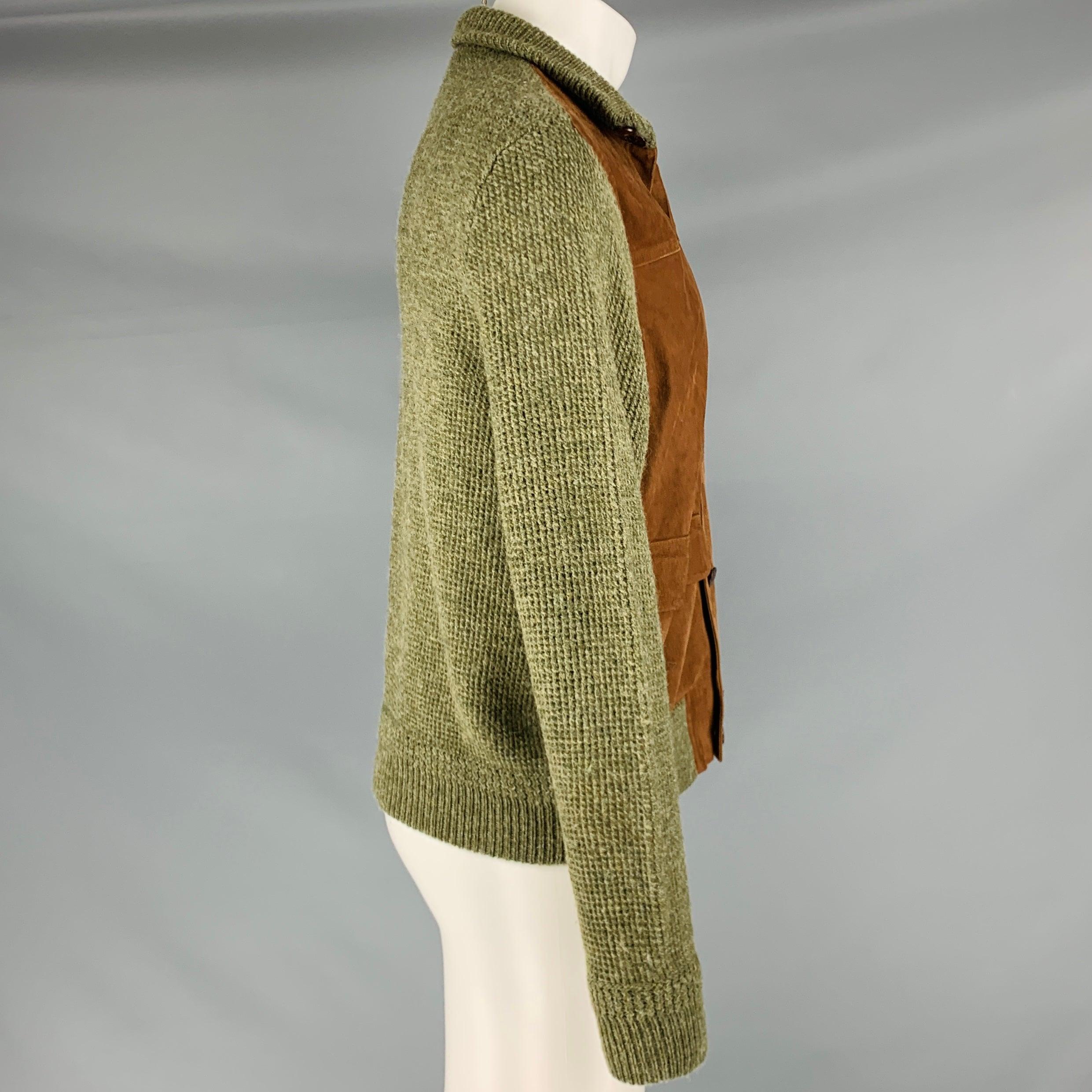 RALPH LAUREN jacket
in an olive green wool knit featuring a brown suede front, two buttoned pockets, and button closure. Made in Italy.Very Good Pre-Owned Condition. Minor signs of wear. 

Marked:   44 

Measurements: 
 
Shoulder: 18 inches Chest:
